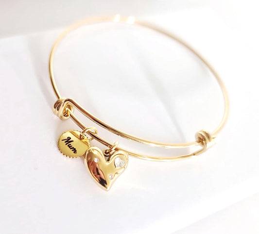 Personalised Circle Charm and Heart Cz Bangle, Adjustable Gold Statement Bangle, Stainless Steel PVD 18k Gold Plated