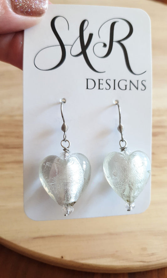 Heart Glass Beaded Earwire Earrings, Stainless Steel Beaded Earwire Dangle Earrings