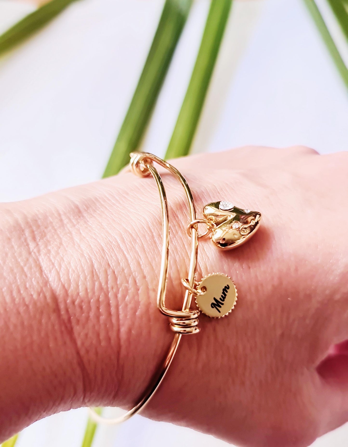 Personalised Circle Charm and Heart Cz Bangle, Adjustable Gold Statement Bangle, Stainless Steel PVD 18k Gold Plated