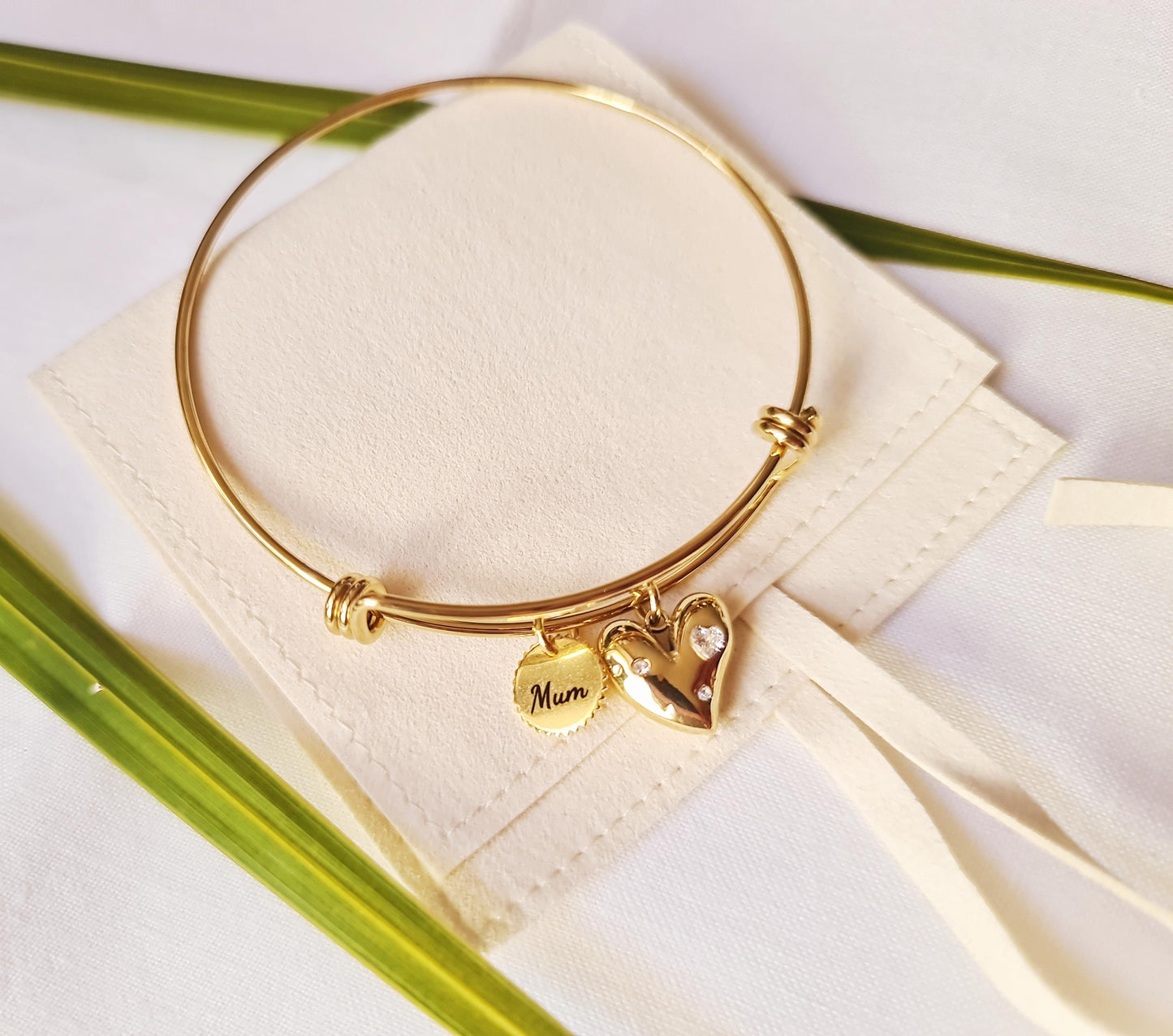 Personalised Circle Charm and Heart Cz Bangle, Adjustable Gold Statement Bangle, Stainless Steel PVD 18k Gold Plated