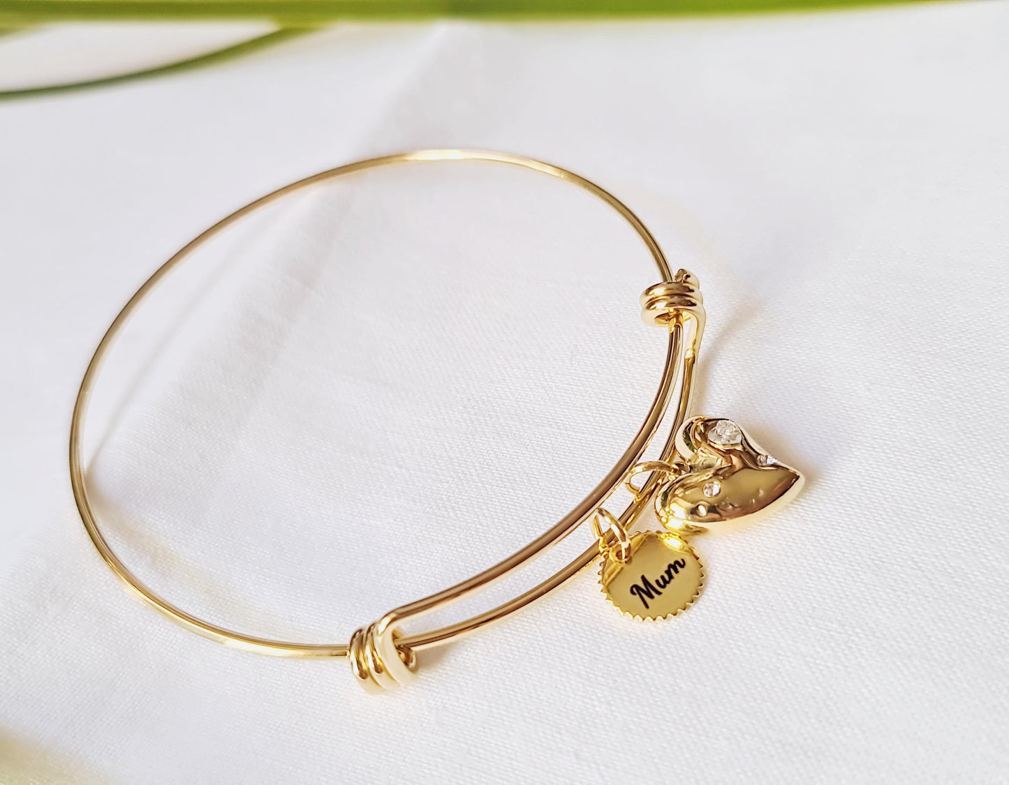 Personalised Circle Charm and Heart Cz Bangle, Adjustable Gold Statement Bangle, Stainless Steel PVD 18k Gold Plated