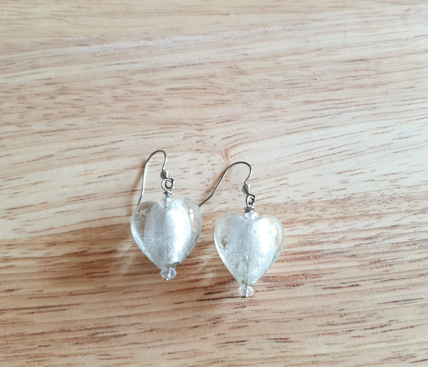 Heart Glass Beaded Earwire Earrings, Stainless Steel Beaded Earwire Dangle Earrings