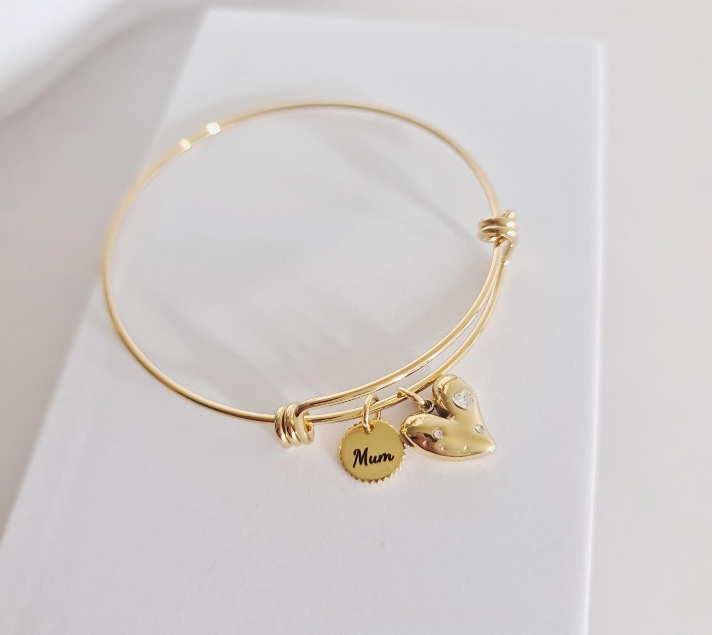 Personalised Circle Charm and Heart Cz Bangle, Adjustable Gold Statement Bangle, Stainless Steel PVD 18k Gold Plated
