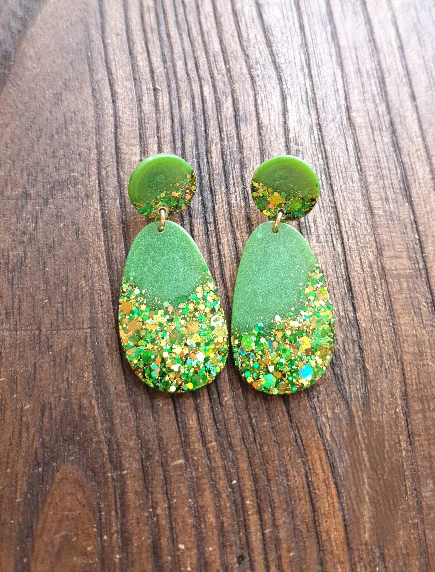 Sparkly Green Oval Organic Shape Drop Earrings, Green Gold Mix Glitter, Resin Handmade, Stainless Steel. Personalised Gift