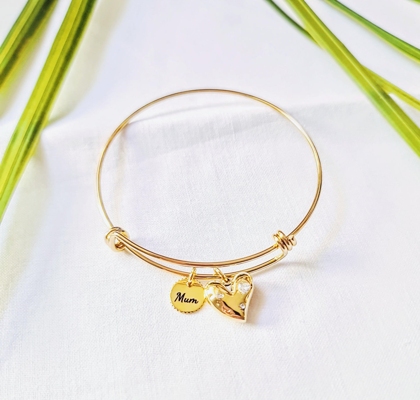 Personalised Circle Charm and Heart Cz Bangle, Adjustable Gold Statement Bangle, Stainless Steel PVD 18k Gold Plated