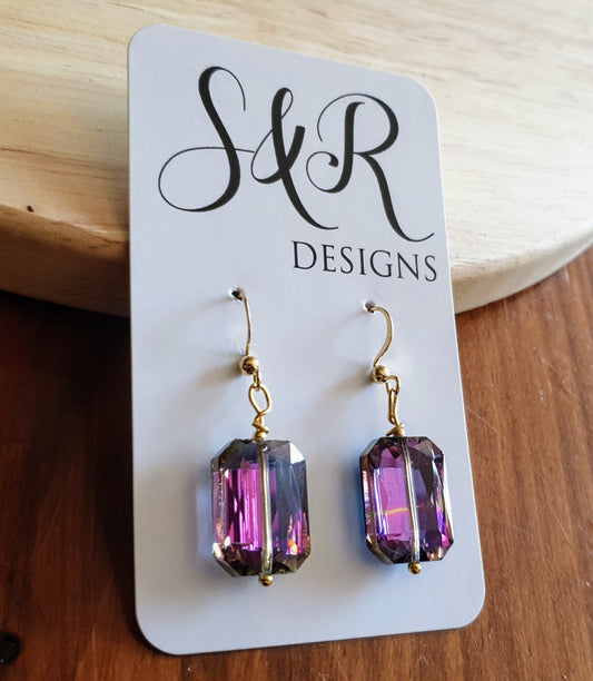 Multicoloured Glass Dangle Drop Earrings, Statement Purple Pink Blue Rectangle Drops, Hook Earwire Gold Earrings, Gold Stainless Steel