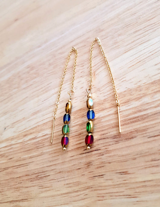 Gold Threaders, Multicoloured Glass Beaded Threaders Drop Earrings, Stainless Steel with Red Green, Blue and Yellow Gold Glass Beads