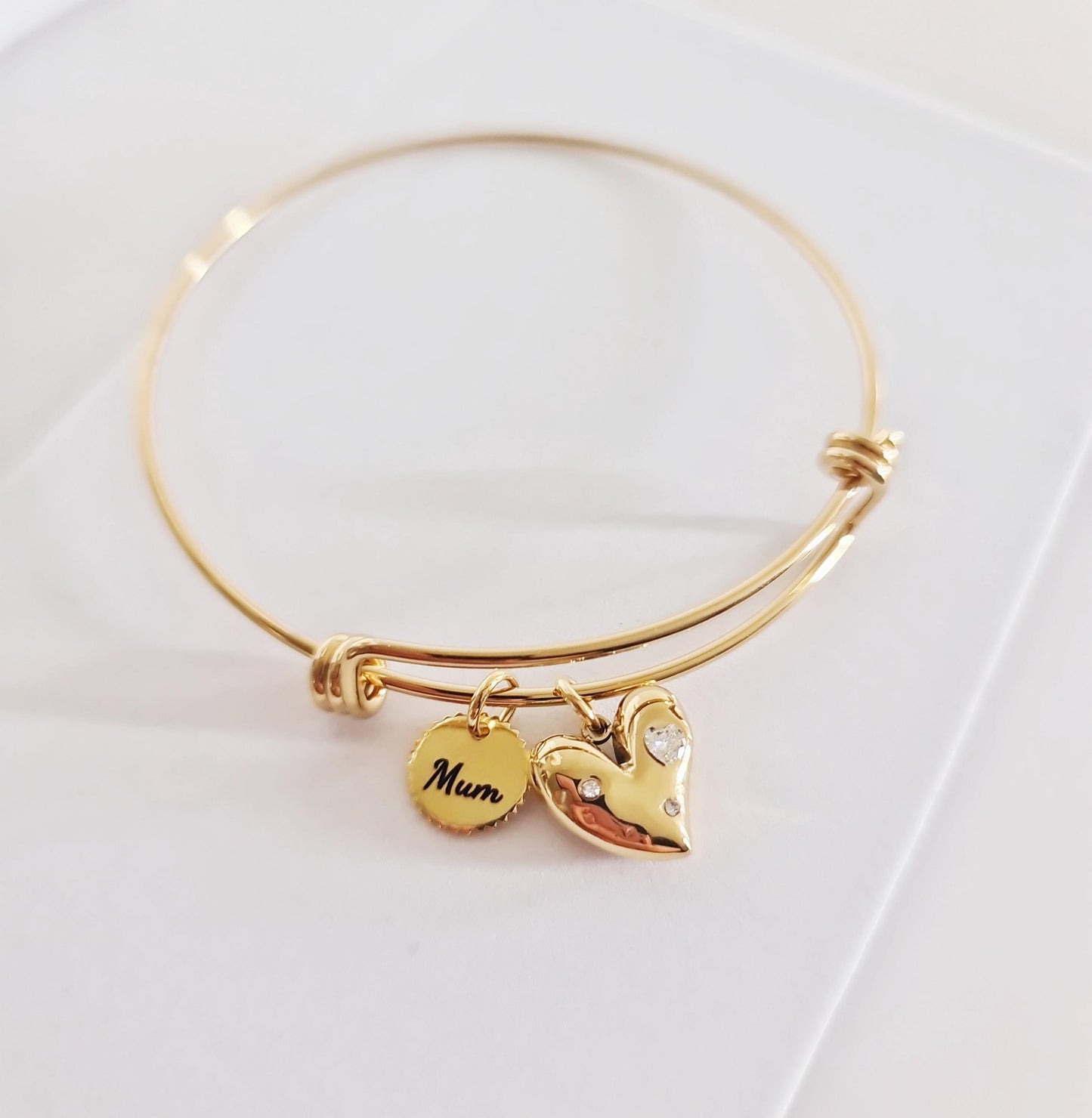 Personalised Circle Charm and Heart Cz Bangle, Adjustable Gold Statement Bangle, Stainless Steel PVD 18k Gold Plated