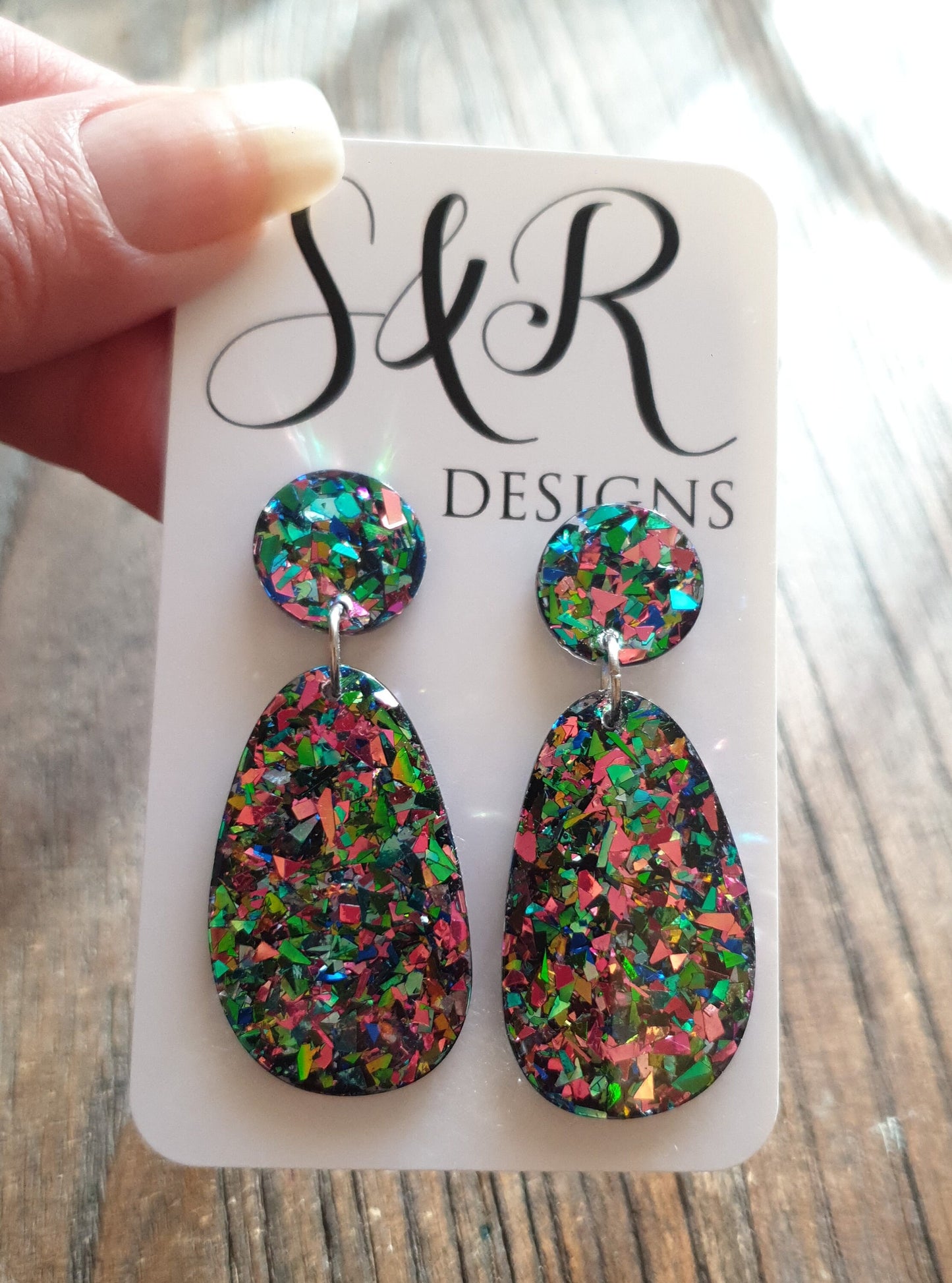 Statement Oval Organic Shape Drop Earrings, Green Blue Pink Tormented Glitter, Resin Handmade, Stainless Steel. Personalised Gift