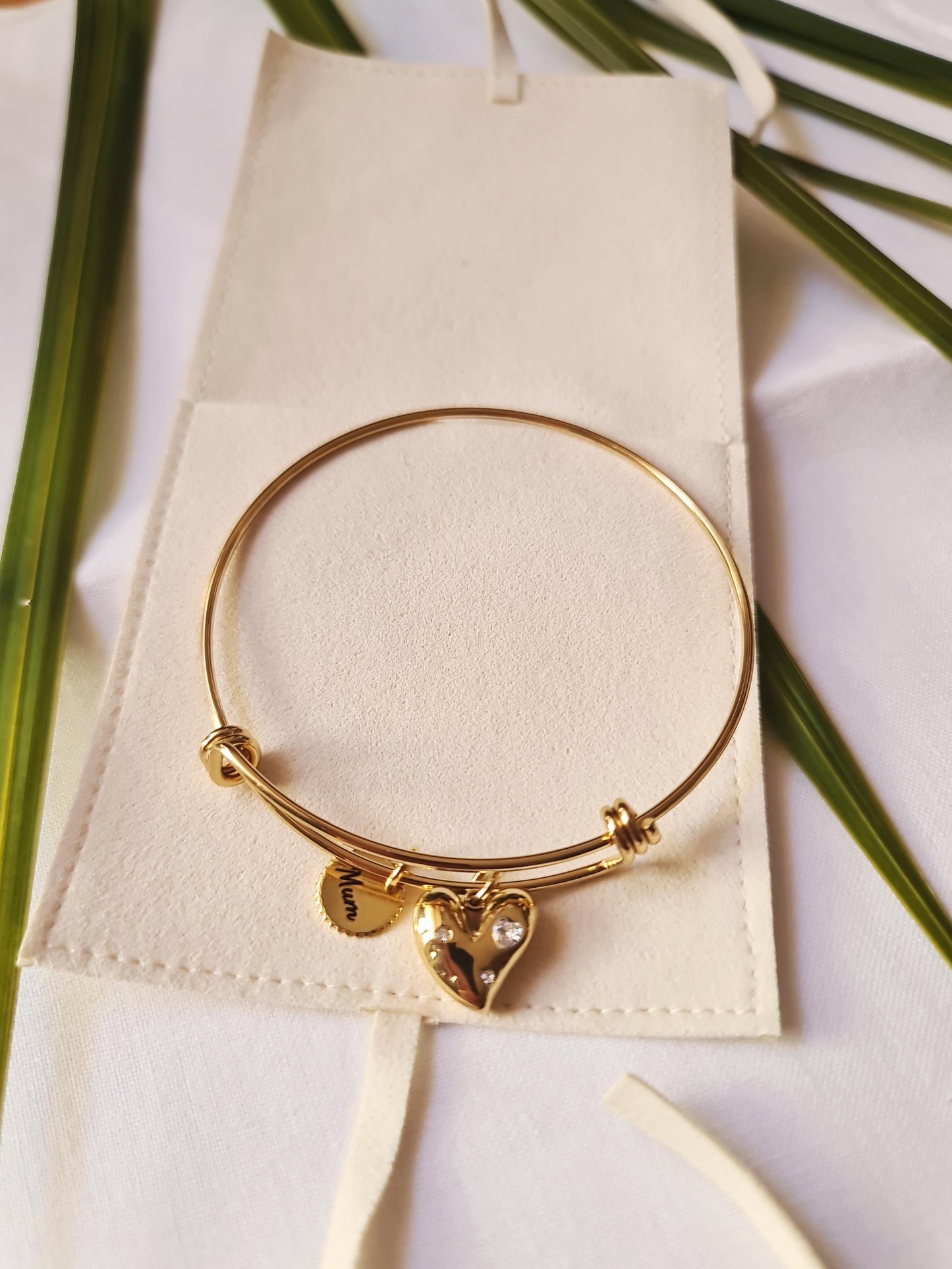 Personalised Circle Charm and Heart Cz Bangle, Adjustable Gold Statement Bangle, Stainless Steel PVD 18k Gold Plated