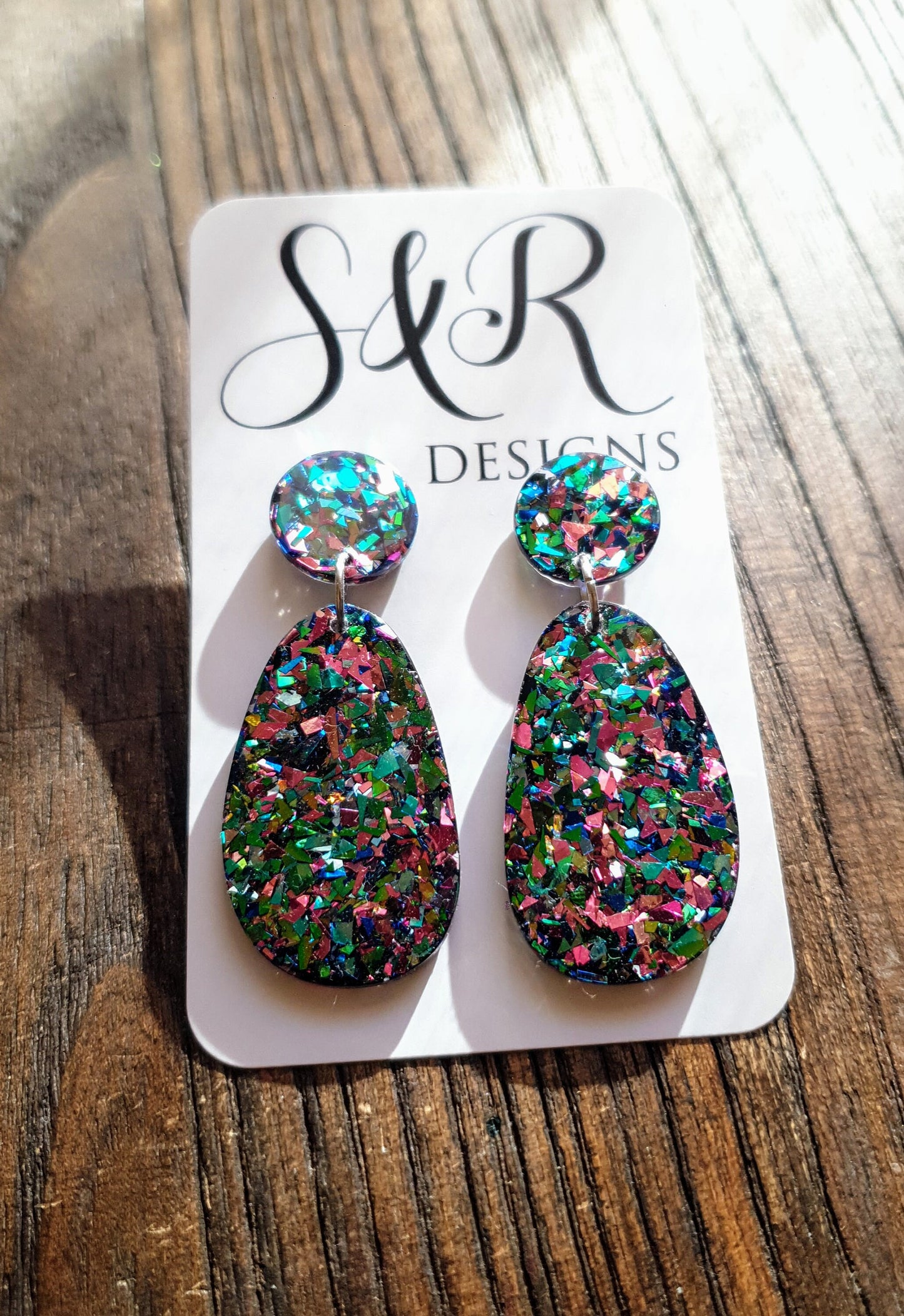 Statement Oval Organic Shape Drop Earrings, Green Blue Pink Tormented Glitter, Resin Handmade, Stainless Steel. Personalised Gift