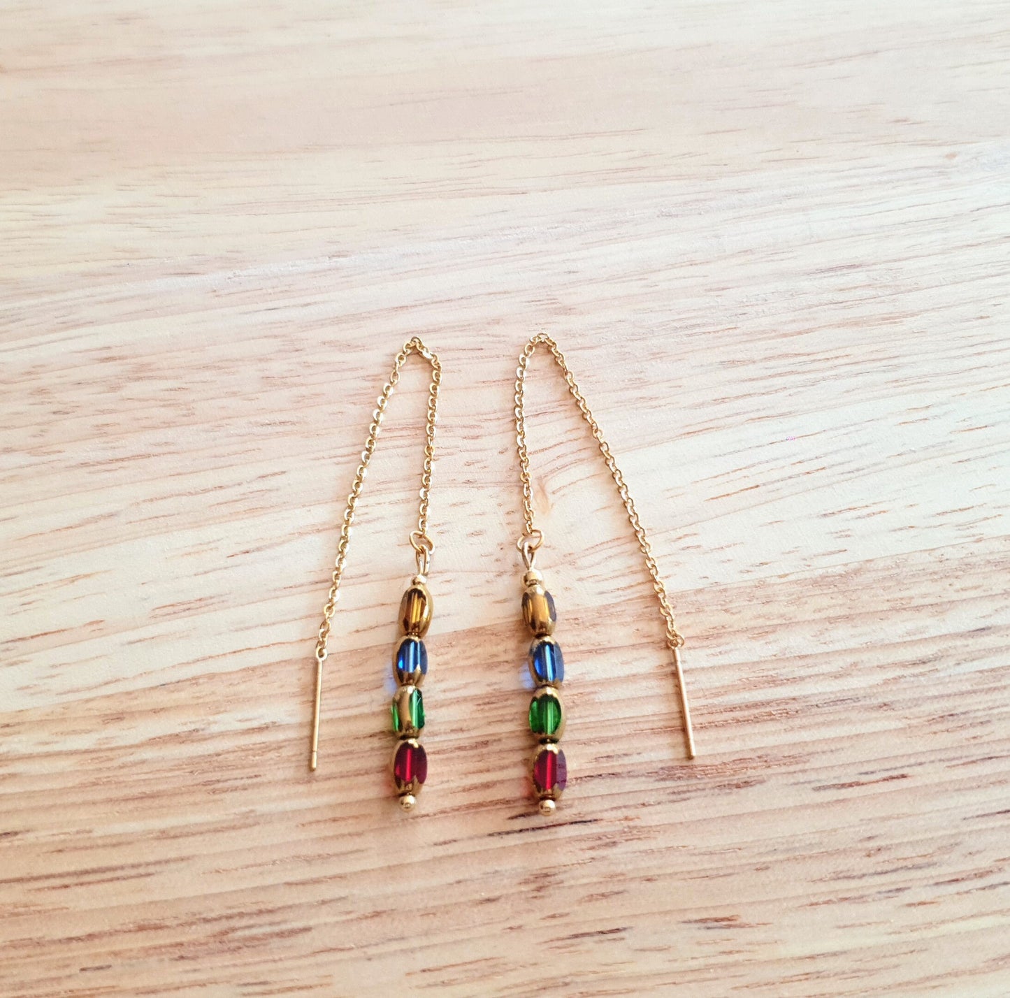 Gold Threaders, Multicoloured Glass Beaded Threaders Drop Earrings, Stainless Steel with Red Green, Blue and Yellow Gold Glass Beads
