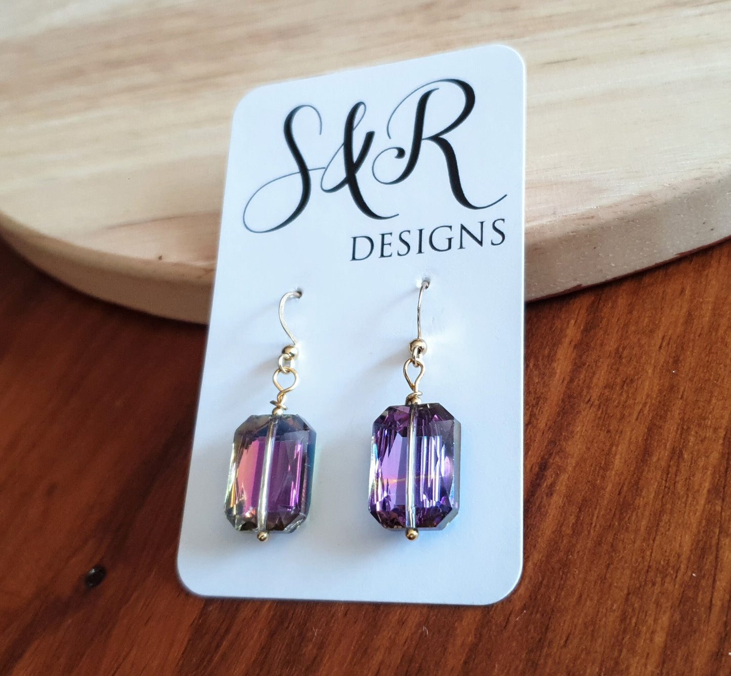 Multicoloured Glass Dangle Drop Earrings, Statement Purple Pink Blue Rectangle Drops, Hook Earwire Gold Earrings, Gold Stainless Steel
