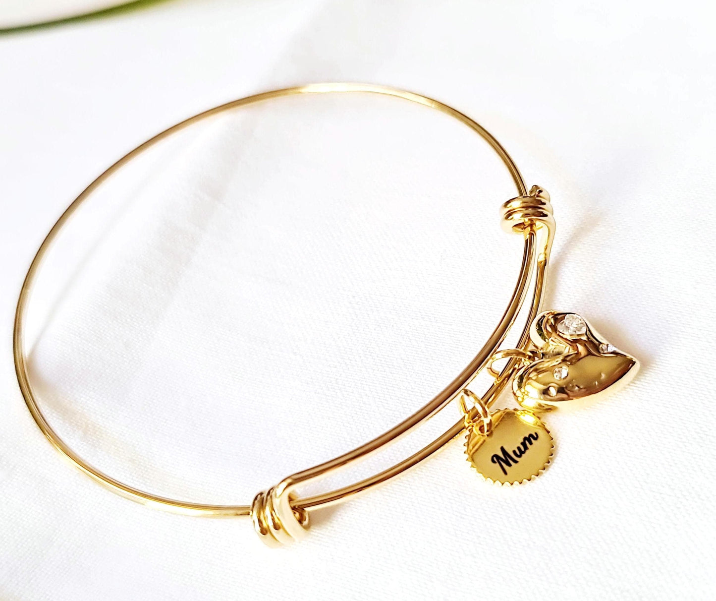 Personalised Circle Charm and Heart Cz Bangle, Adjustable Gold Statement Bangle, Stainless Steel PVD 18k Gold Plated