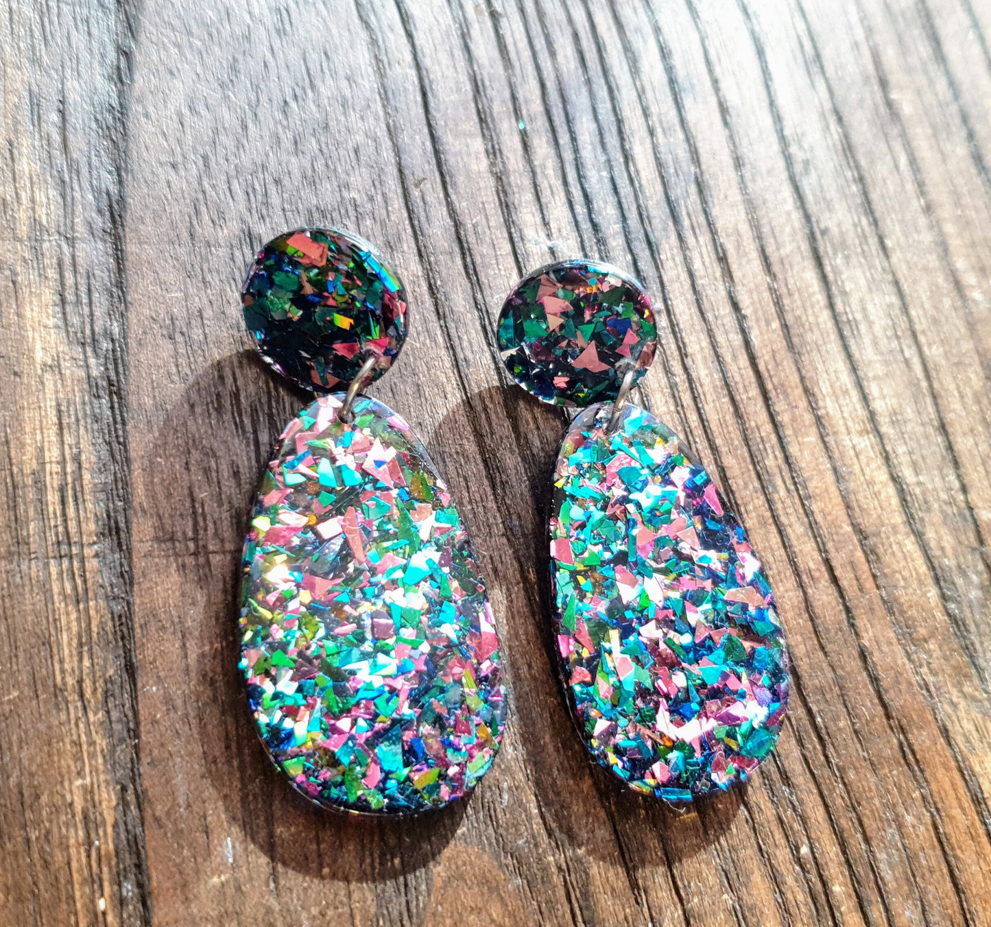 Statement Oval Organic Shape Drop Earrings, Green Blue Pink Tormented Glitter, Resin Handmade, Stainless Steel. Personalised Gift