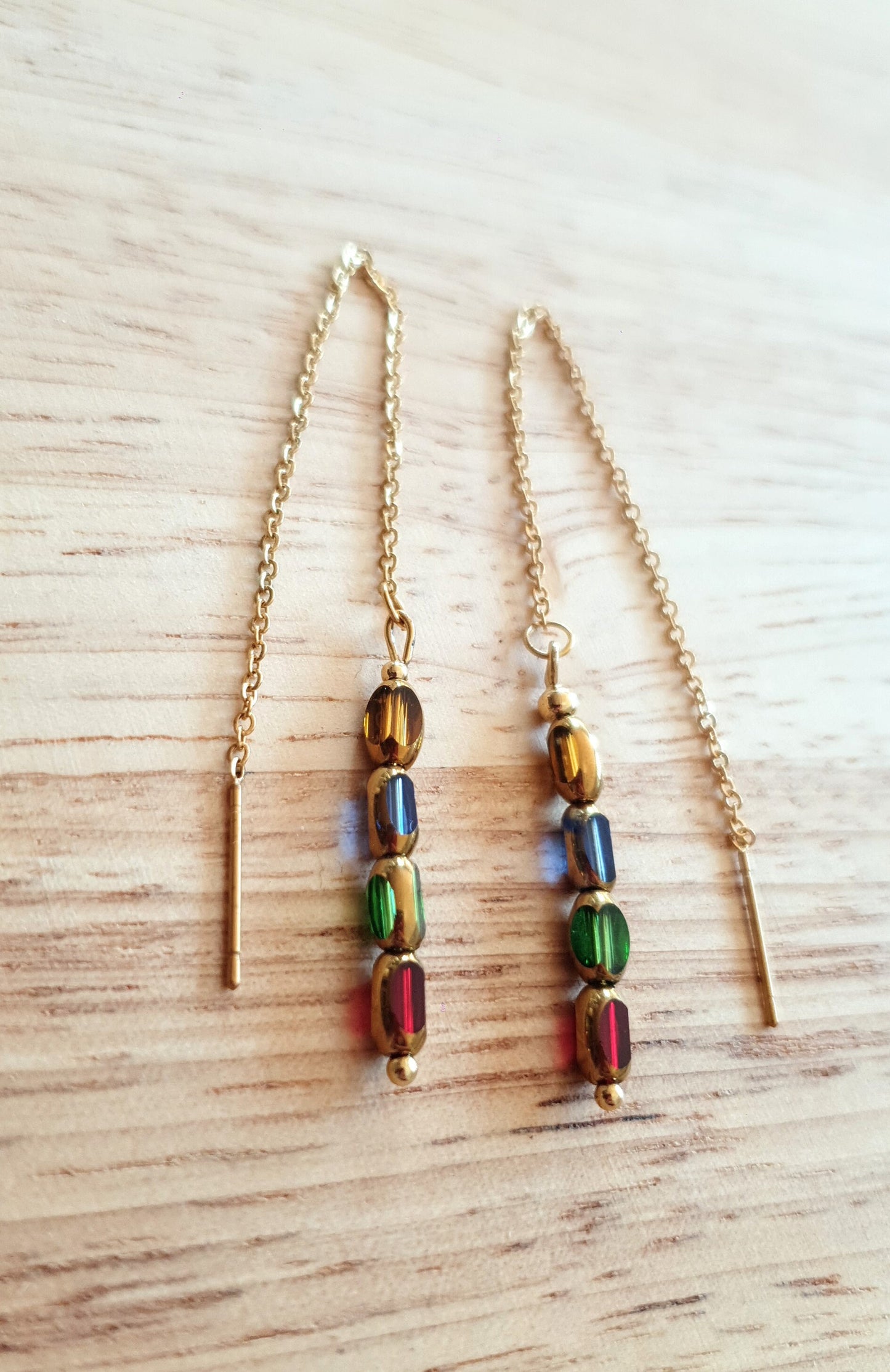 Gold Threaders, Multicoloured Glass Beaded Threaders Drop Earrings, Stainless Steel with Red Green, Blue and Yellow Gold Glass Beads
