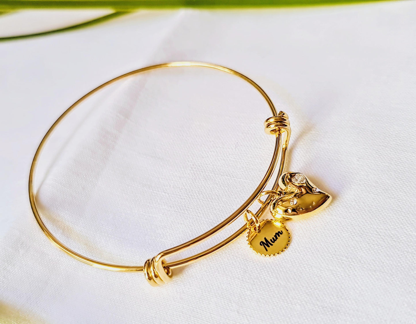 Personalised Circle Charm and Heart Cz Bangle, Adjustable Gold Statement Bangle, Stainless Steel PVD 18k Gold Plated