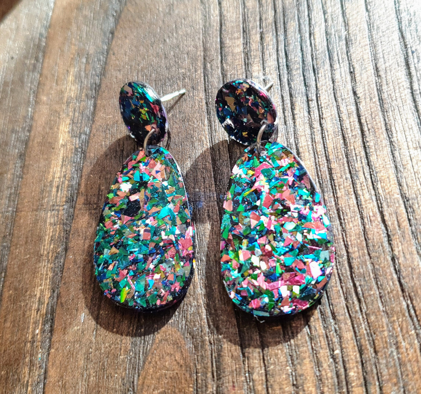 Statement Oval Organic Shape Drop Earrings, Green Blue Pink Tormented Glitter, Resin Handmade, Stainless Steel. Personalised Gift