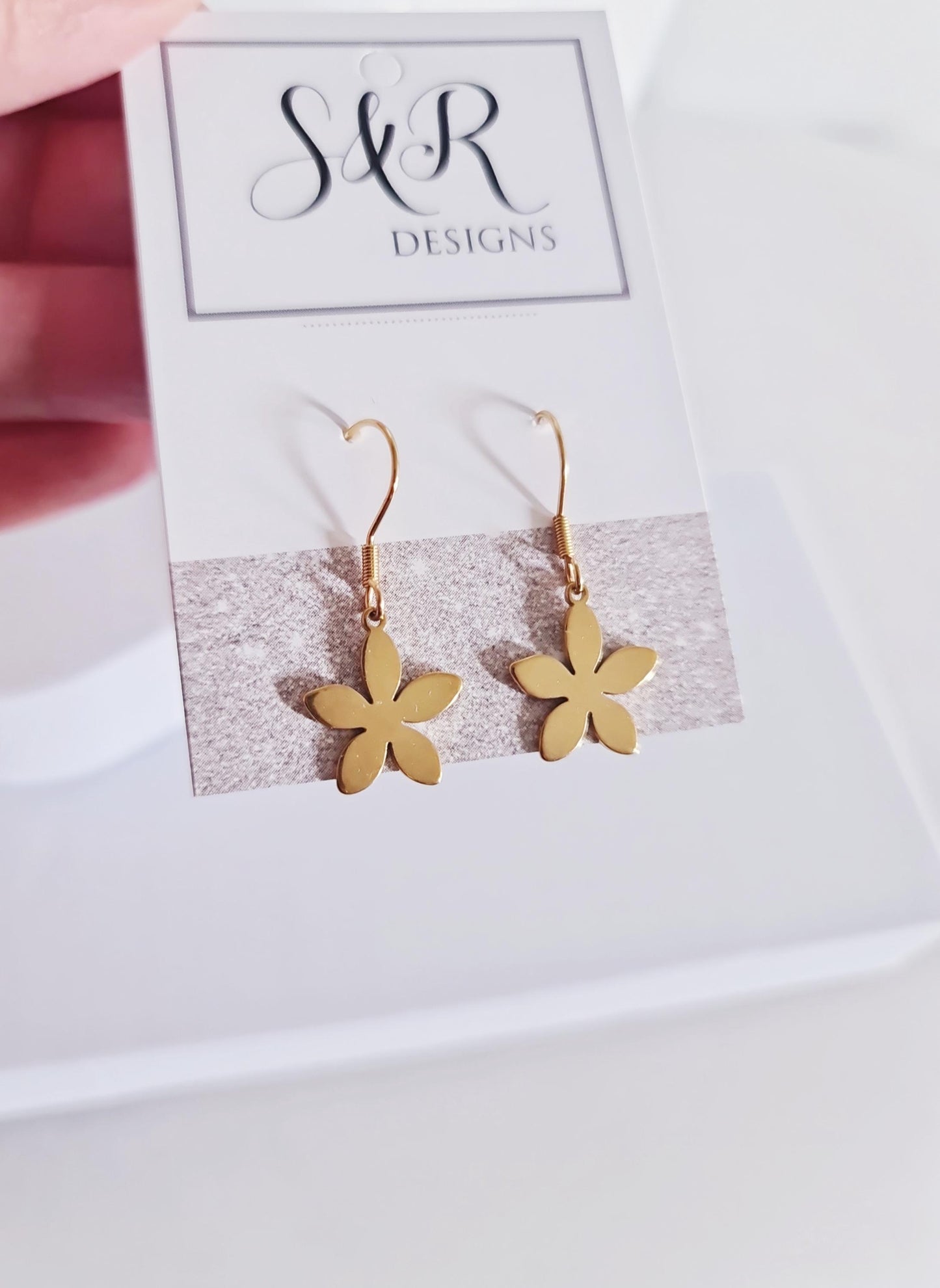 Gold Flower Drop Earrings, Stainless Steel Dangle,  Minimalist Earrings, 15mm or 25mm Hoops, Leverback, Earwire Hooks