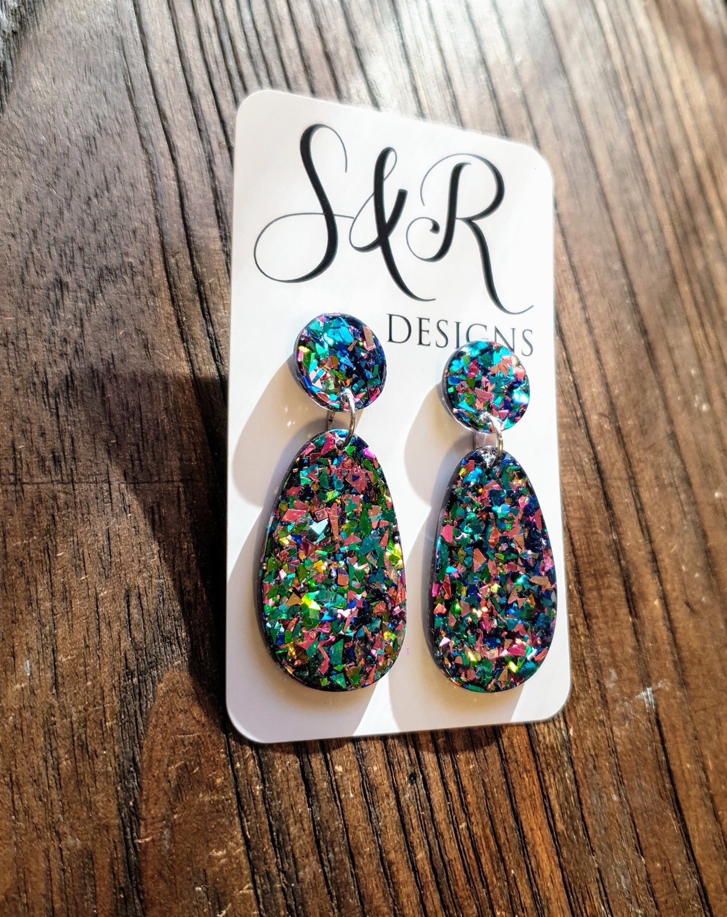 Statement Oval Organic Shape Drop Earrings, Green Blue Pink Tormented Glitter, Resin Handmade, Stainless Steel. Personalised Gift