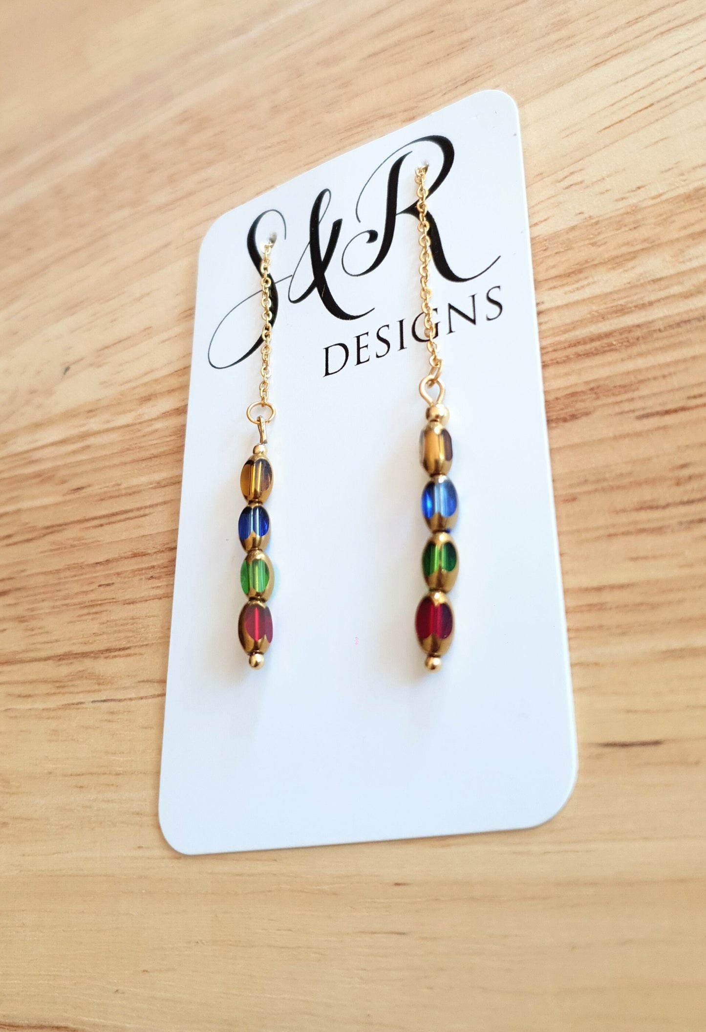 Gold Threaders, Multicoloured Glass Beaded Threaders Drop Earrings, Stainless Steel with Red Green, Blue and Yellow Gold Glass Beads