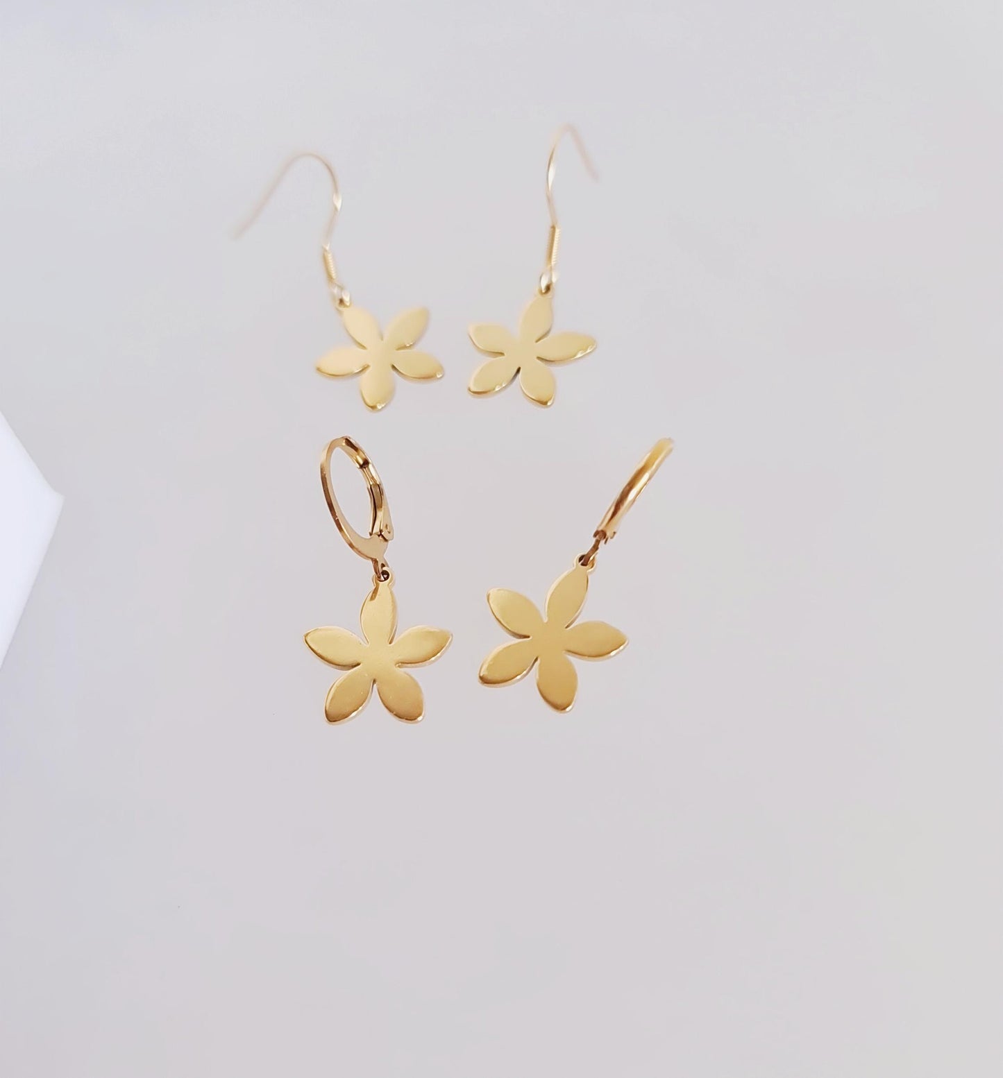 Gold Flower Drop Earrings, Stainless Steel Dangle,  Minimalist Earrings, 15mm or 25mm Hoops, Leverback, Earwire Hooks