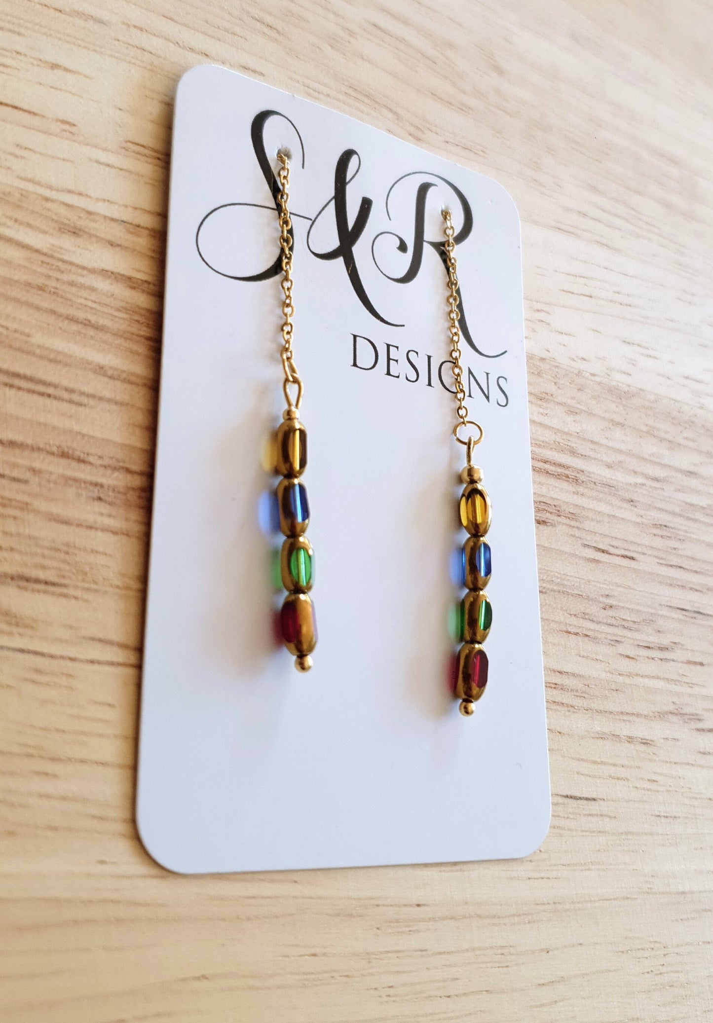 Gold Threaders, Multicoloured Glass Beaded Threaders Drop Earrings, Stainless Steel with Red Green, Blue and Yellow Gold Glass Beads