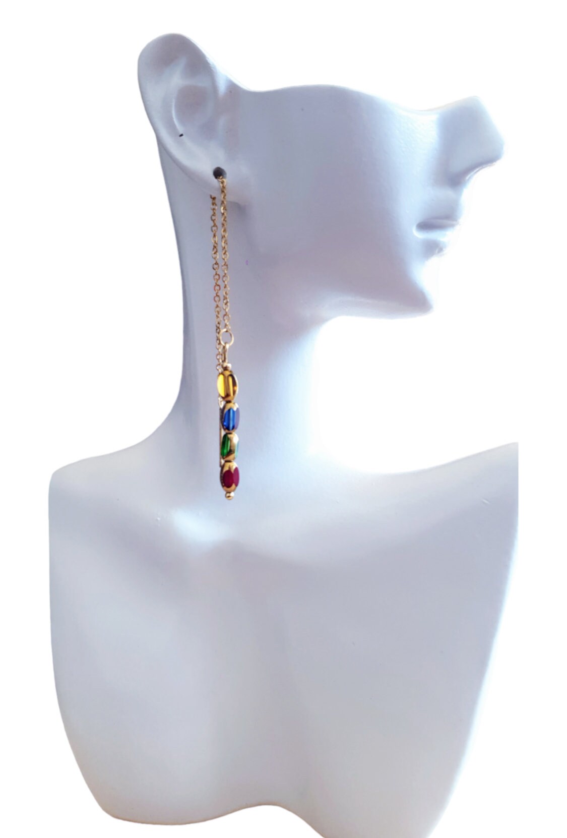 Gold Threaders, Multicoloured Glass Beaded Threaders Drop Earrings, Stainless Steel with Red Green, Blue and Yellow Gold Glass Beads
