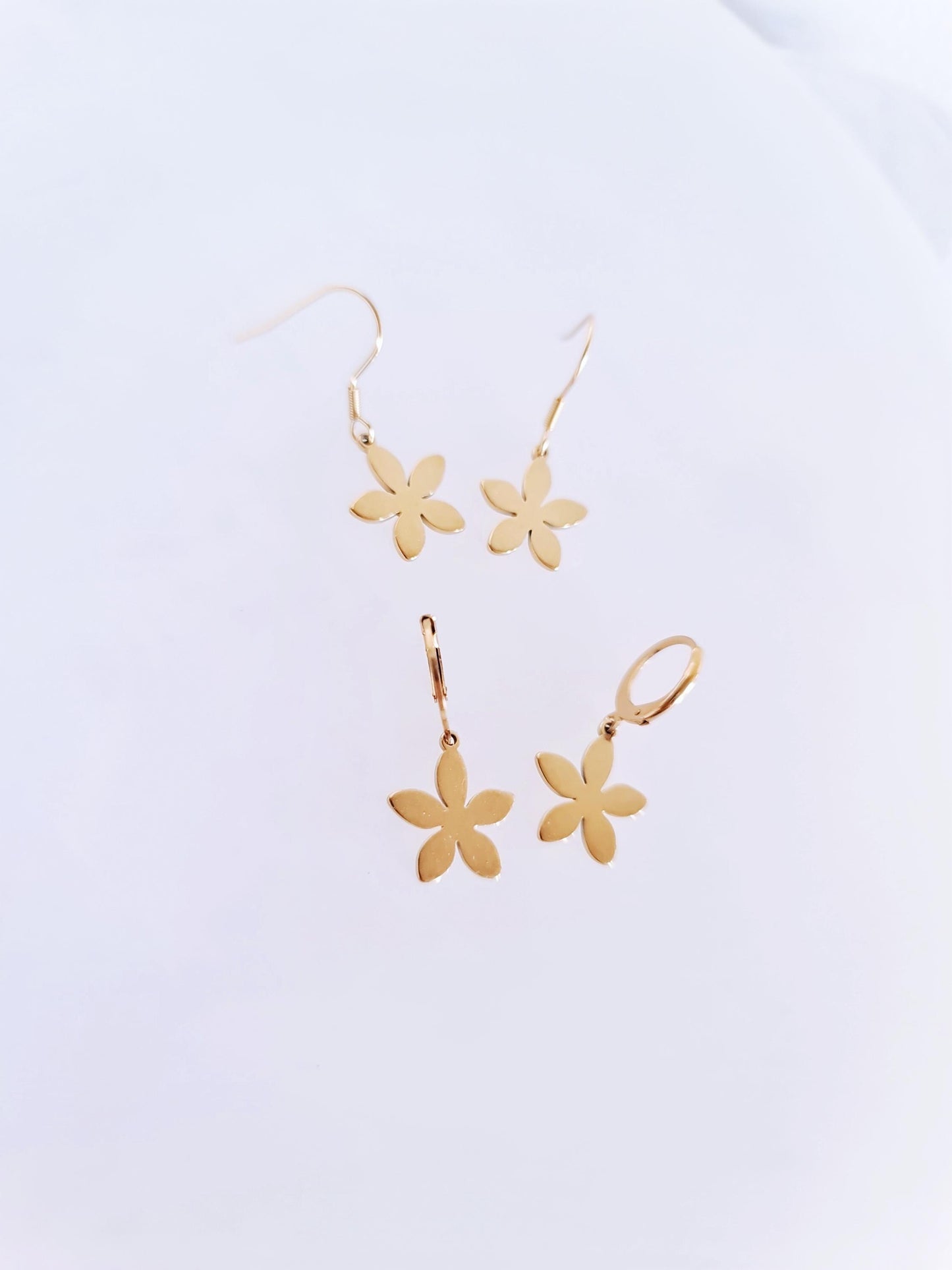 Gold Flower Drop Earrings, Stainless Steel Dangle, Minimalist Earrings, 15mm or 25mm Hoops, Leverback, Earwire Hooks