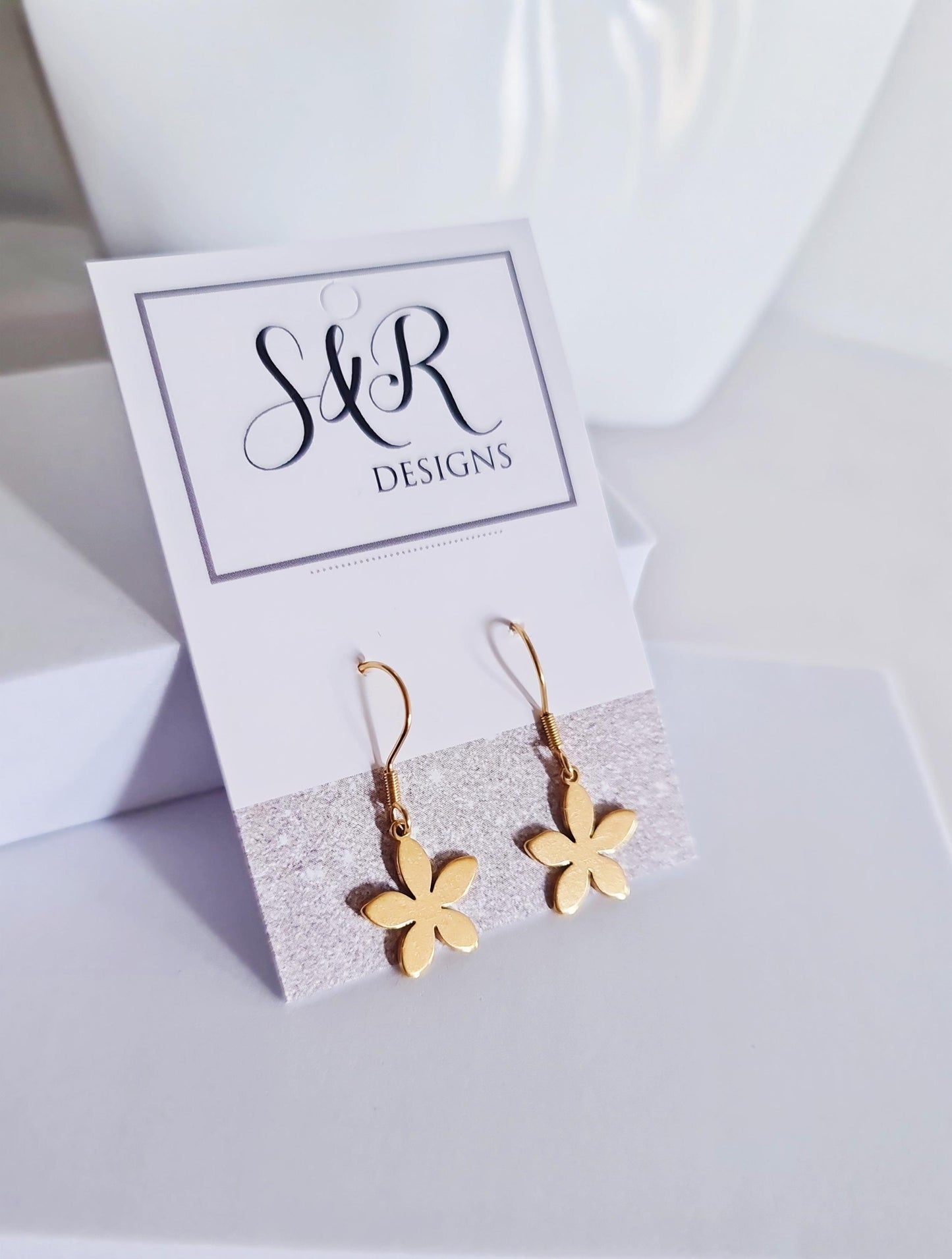 Gold Flower Drop Earrings, Stainless Steel Dangle,  Minimalist Earrings, 15mm or 25mm Hoops, Leverback, Earwire Hooks