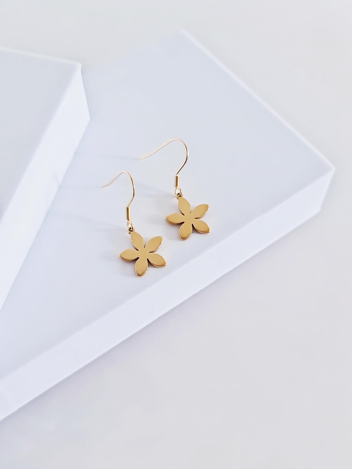Gold Flower Drop Earrings, Stainless Steel Dangle,  Minimalist Earrings, 15mm or 25mm Hoops, Leverback, Earwire Hooks