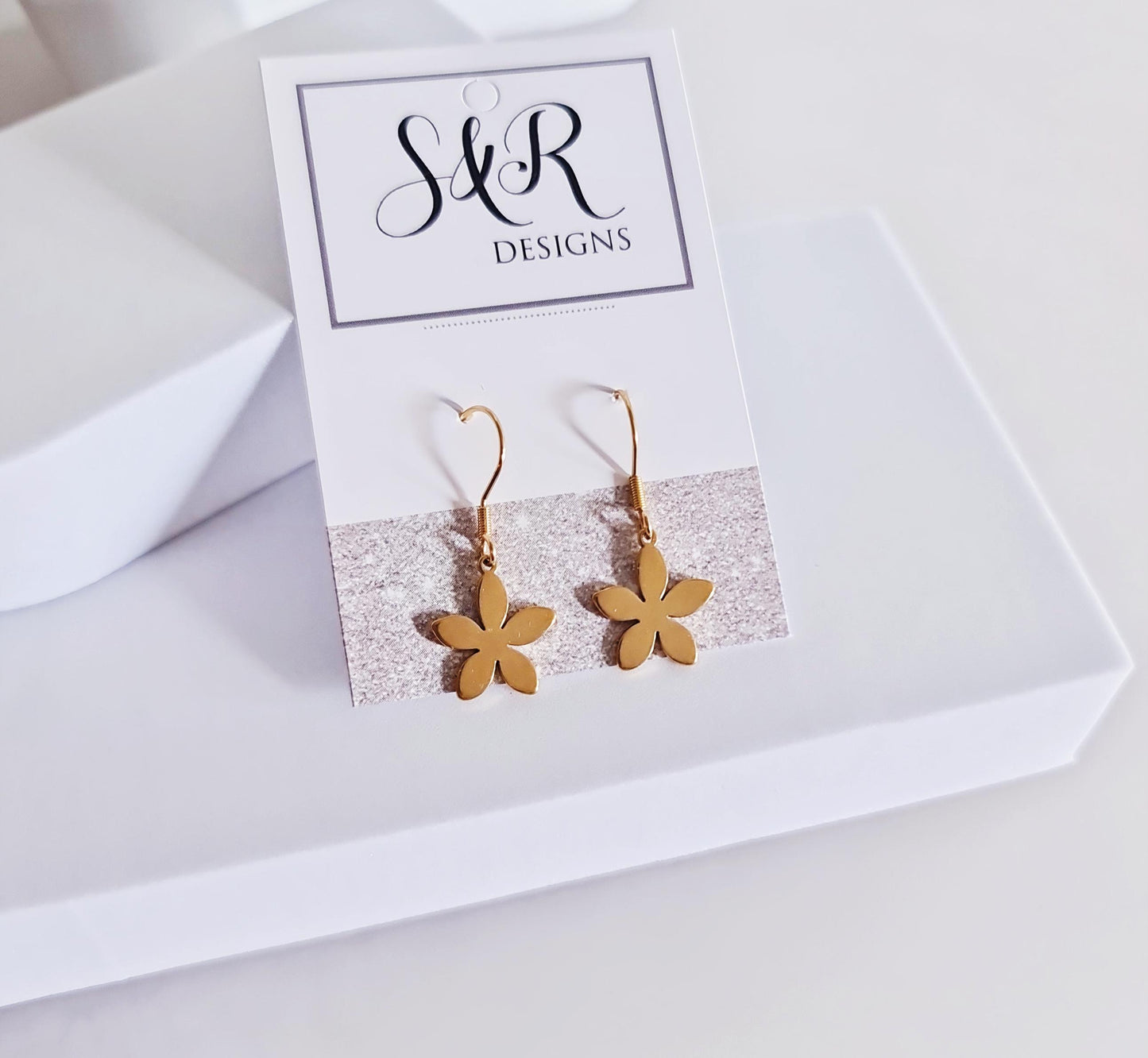 Gold Flower Drop Earrings, Stainless Steel Dangle,  Minimalist Earrings, 15mm or 25mm Hoops, Leverback, Earwire Hooks