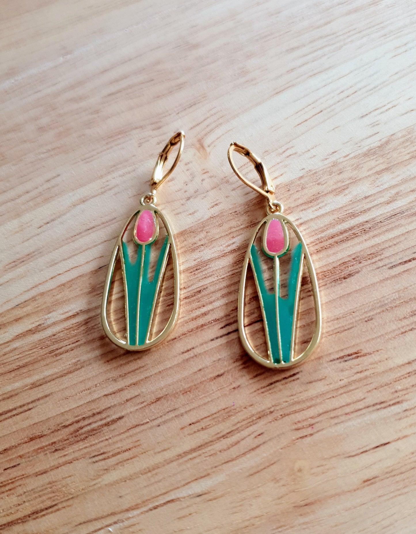 Statement Tulip Flower Dangle Earrings, Pink Green Tulip Flower Dangle Drop Leaverback Earrings, Handmade Resin Dangles, Stainless Steel