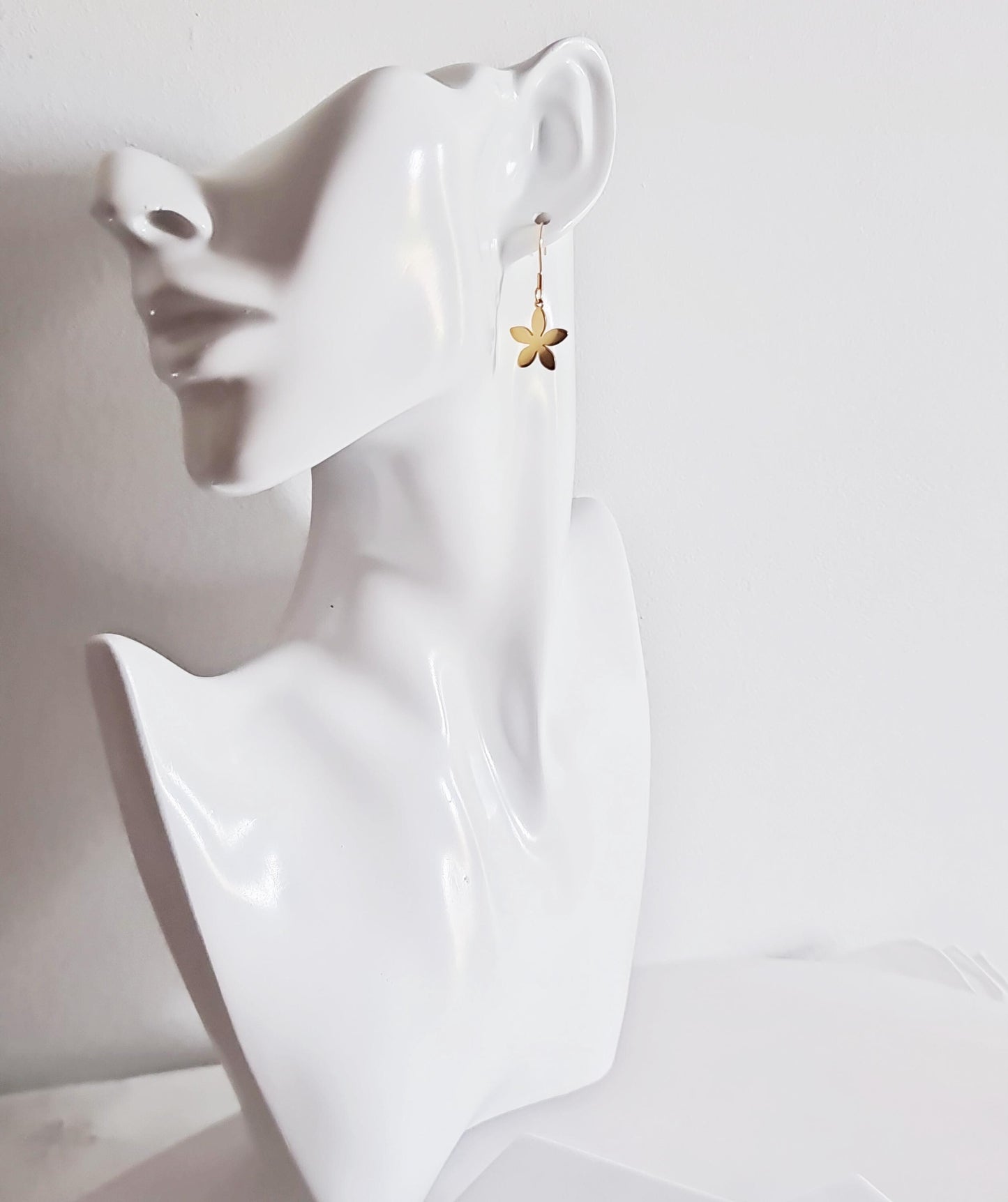Gold Flower Drop Earrings, Stainless Steel Dangle,  Minimalist Earrings, 15mm or 25mm Hoops, Leverback, Earwire Hooks