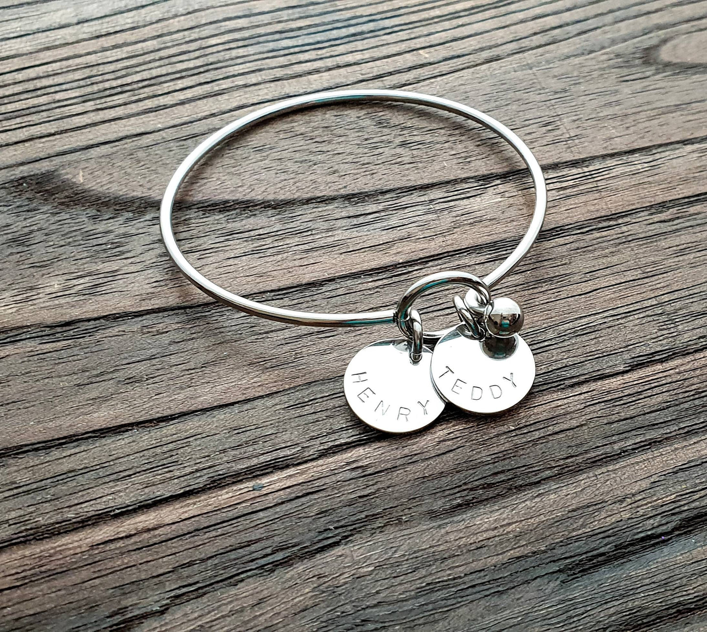 Personalised Hand Stamped Bangle with or without Heart Charm, Personalised Disc, Choose how many Disc Charms you want, Personalized Gift