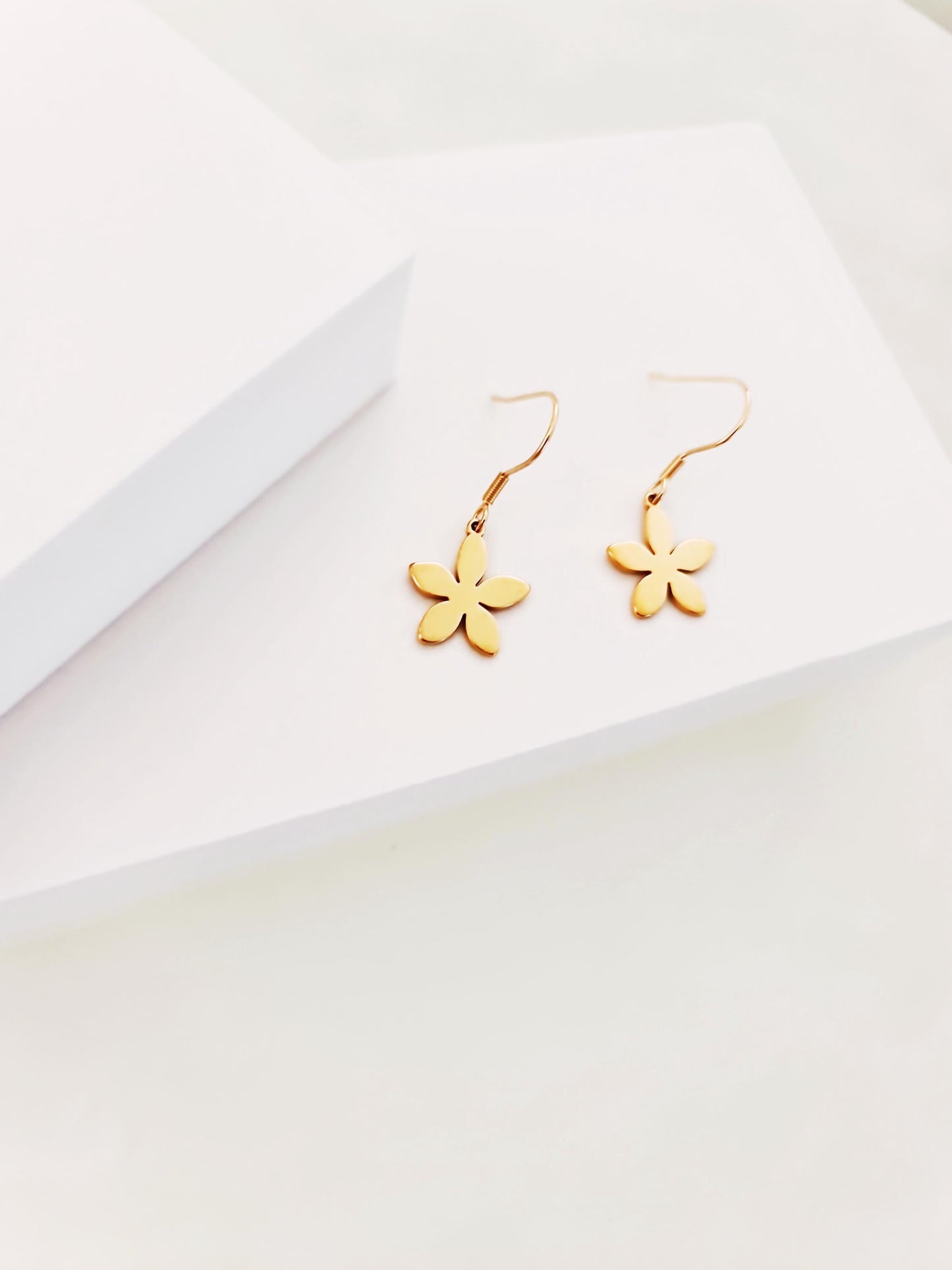 Gold Flower Drop Earrings, Stainless Steel Dangle,  Minimalist Earrings, 15mm or 25mm Hoops, Leverback, Earwire Hooks