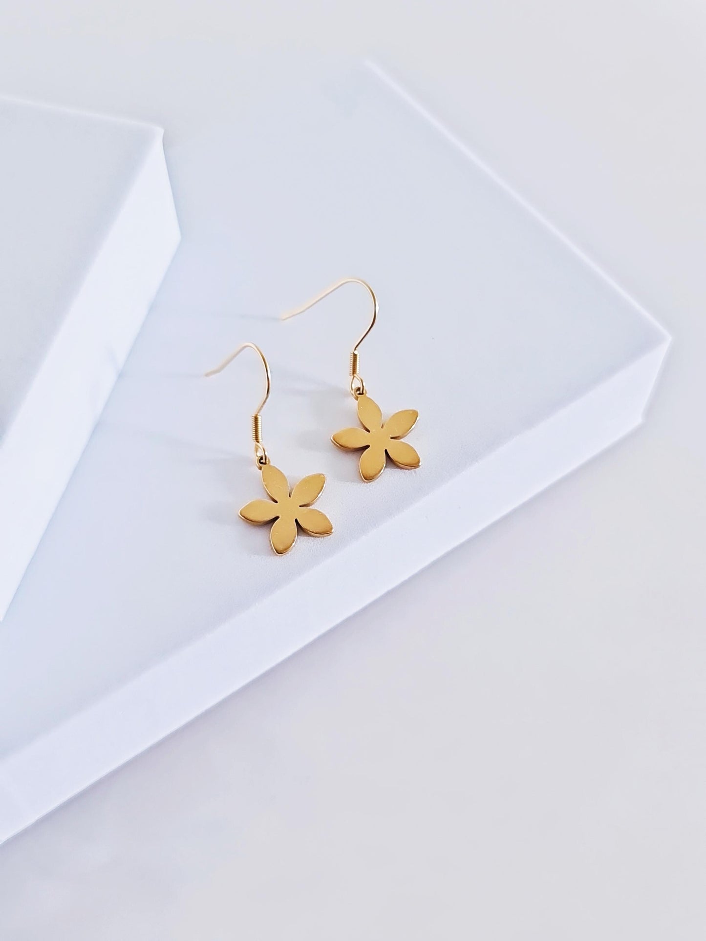 Gold Flower Drop Earrings, Stainless Steel Dangle, Minimalist Earrings, 15mm or 25mm Hoops, Leverback, Earwire Hooks