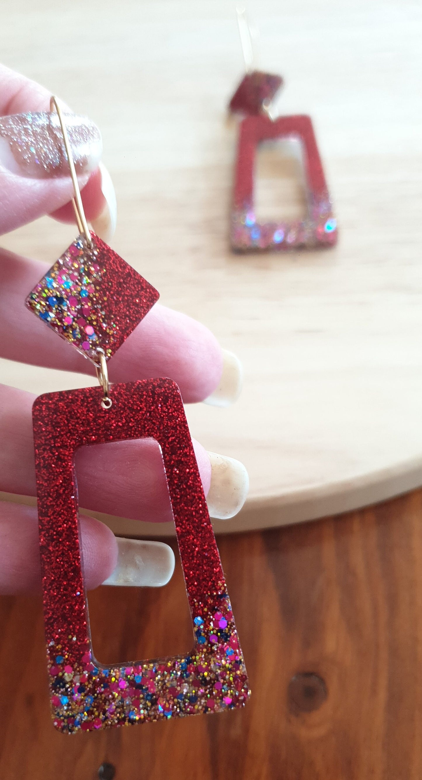 Rectangle Long Dangle Latchback Earwire Earrings, Red Lipstick with Blue Gold Red Shimmer Resin Dangles, Stainless Steel, Statement Earrings