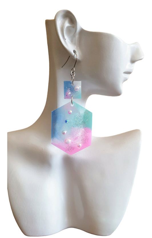 Statement Pearl Earrings, Rhinestones Hexagon Square Dangle Drop Hook Earrings, Blue, Teal, Pink and White Glitter Resin Handmade Studs