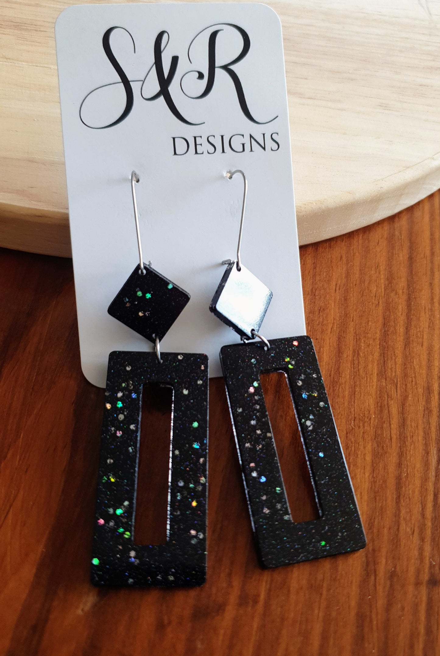 Rectangle Long Dangle Latchback Earwire Earrings, Black Holographic Glitter Resin Dangle, Stainless Steel, Statement Earrings