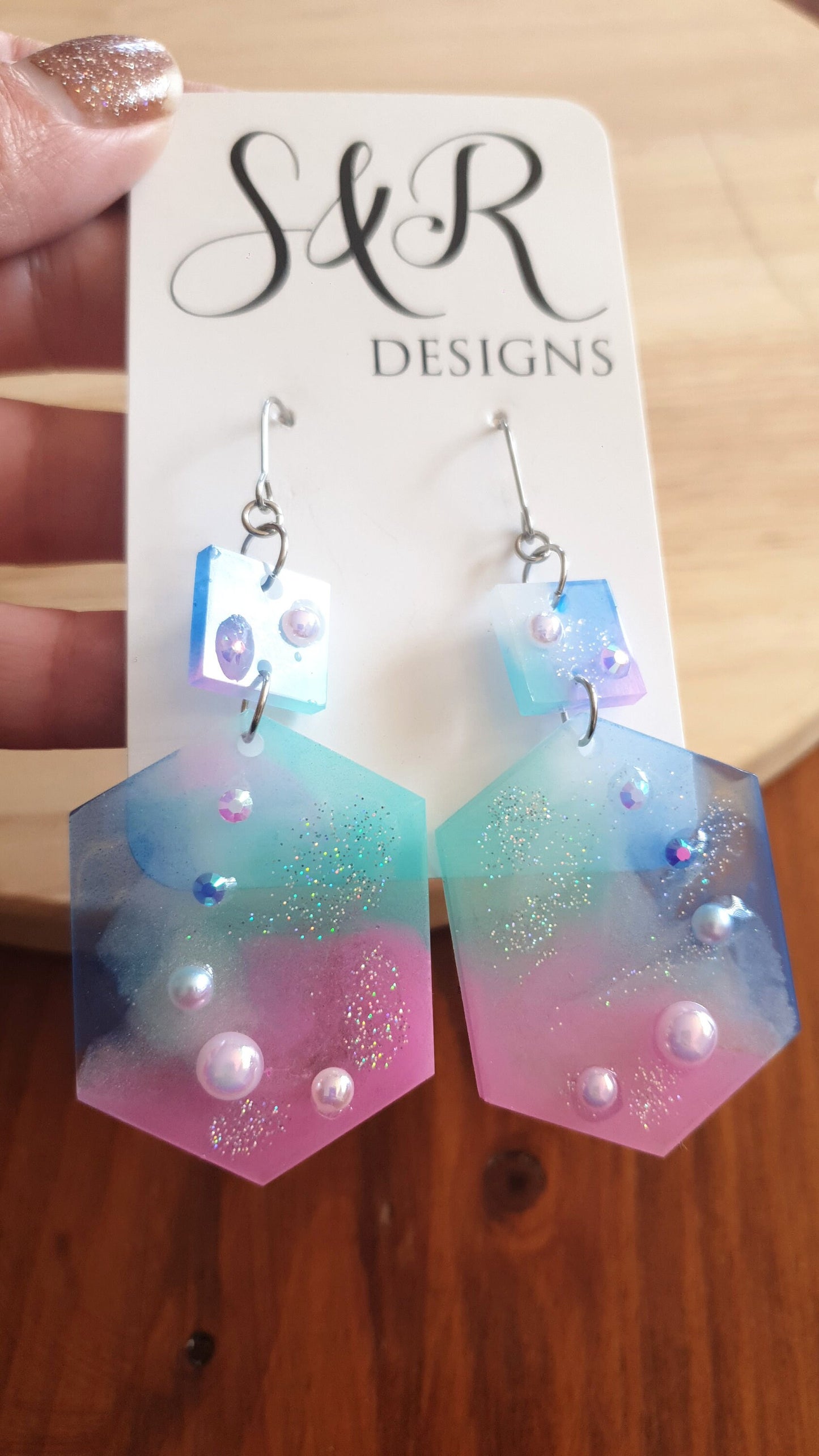 Statement Pearl Earrings, Rhinestones Hexagon Square Dangle Drop Hook Earrings, Blue, Teal, Pink and White Glitter Resin Handmade Studs