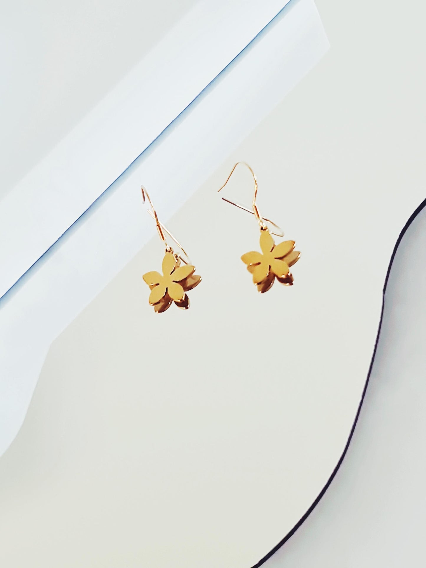 Gold Flower Drop Earrings, Stainless Steel Dangle,  Minimalist Earrings, 15mm or 25mm Hoops, Leverback, Earwire Hooks