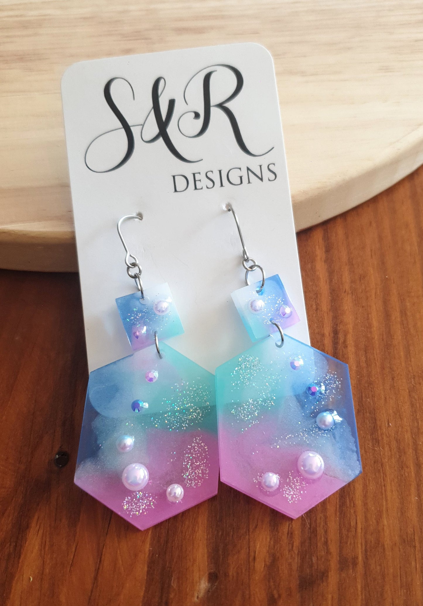 Statement Pearl Earrings, Rhinestones Hexagon Square Dangle Drop Hook Earrings, Blue, Teal, Pink and White Glitter Resin Handmade Studs
