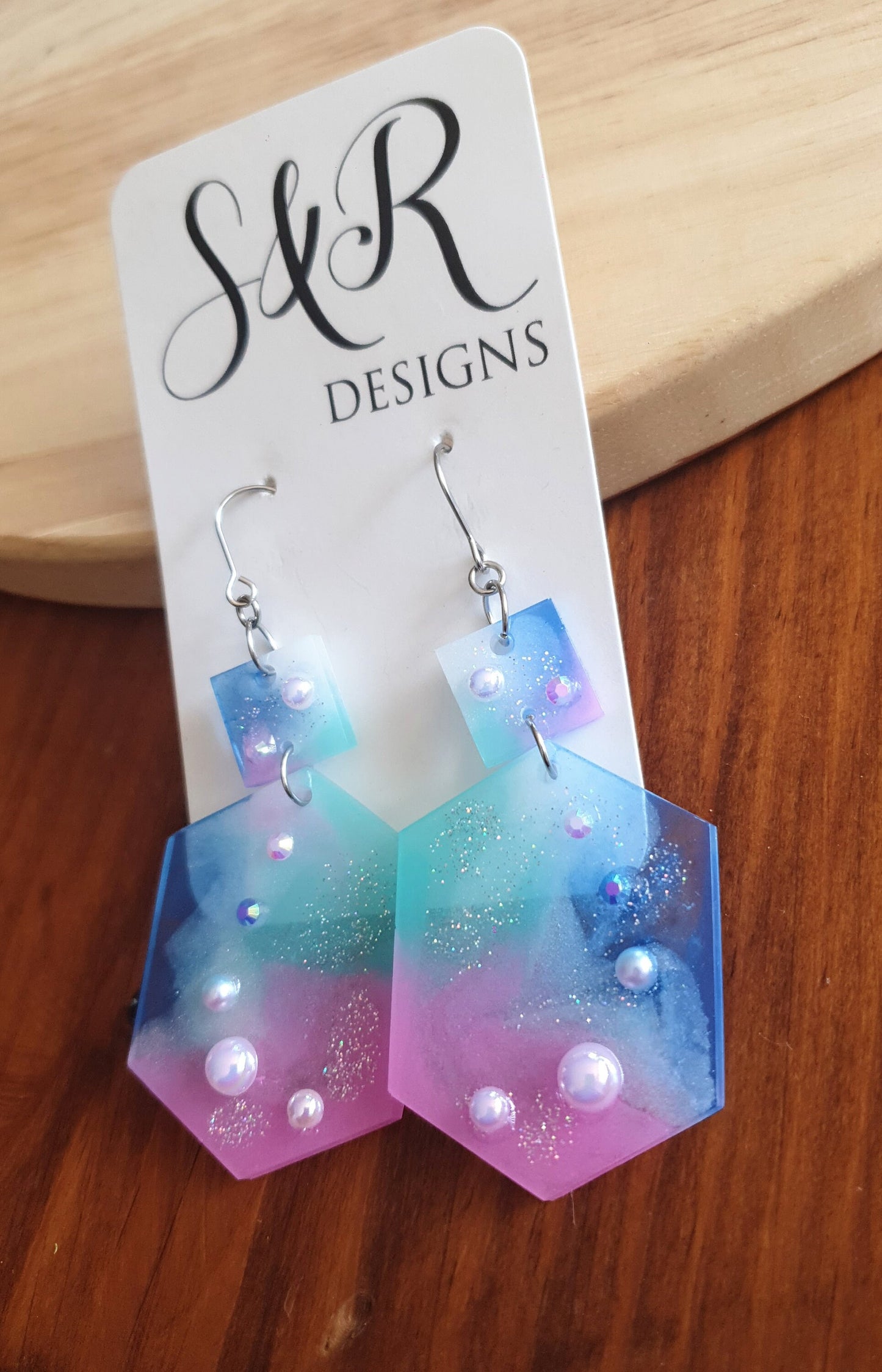 Statement Pearl Earrings, Rhinestones Hexagon Square Dangle Drop Hook Earrings, Blue, Teal, Pink and White Glitter Resin Handmade Studs