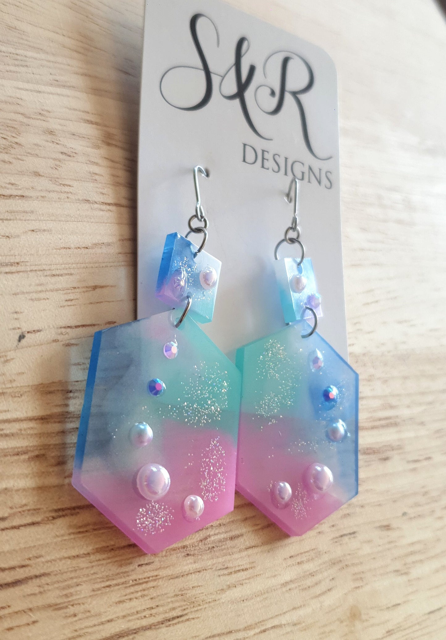 Statement Pearl Earrings, Rhinestones Hexagon Square Dangle Drop Hook Earrings, Blue, Teal, Pink and White Glitter Resin Handmade Studs
