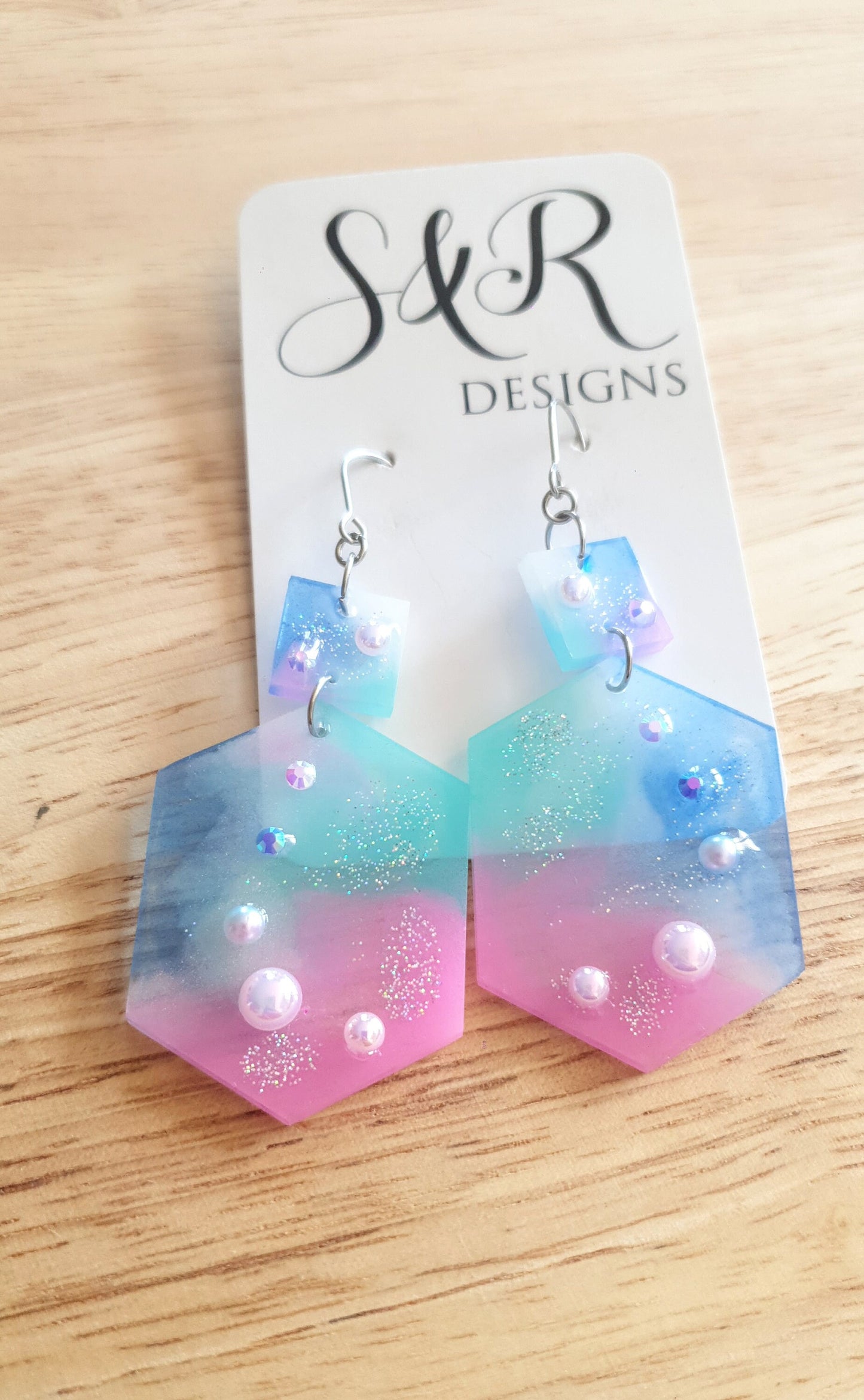 Statement Pearl Earrings, Rhinestones Hexagon Square Dangle Drop Hook Earrings, Blue, Teal, Pink and White Glitter Resin Handmade Studs