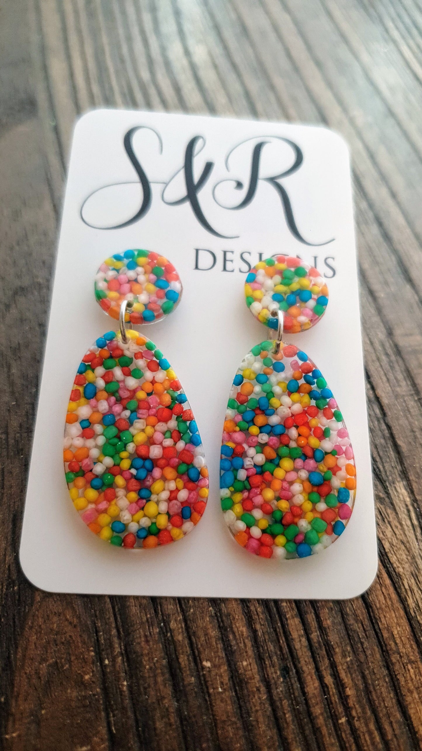 Statement Oval Organic Shape Drop Earrings, 100s and 1000s Multicoloured, Resin Handmade, Stainless Steel. Personalised Gift Custom Colours