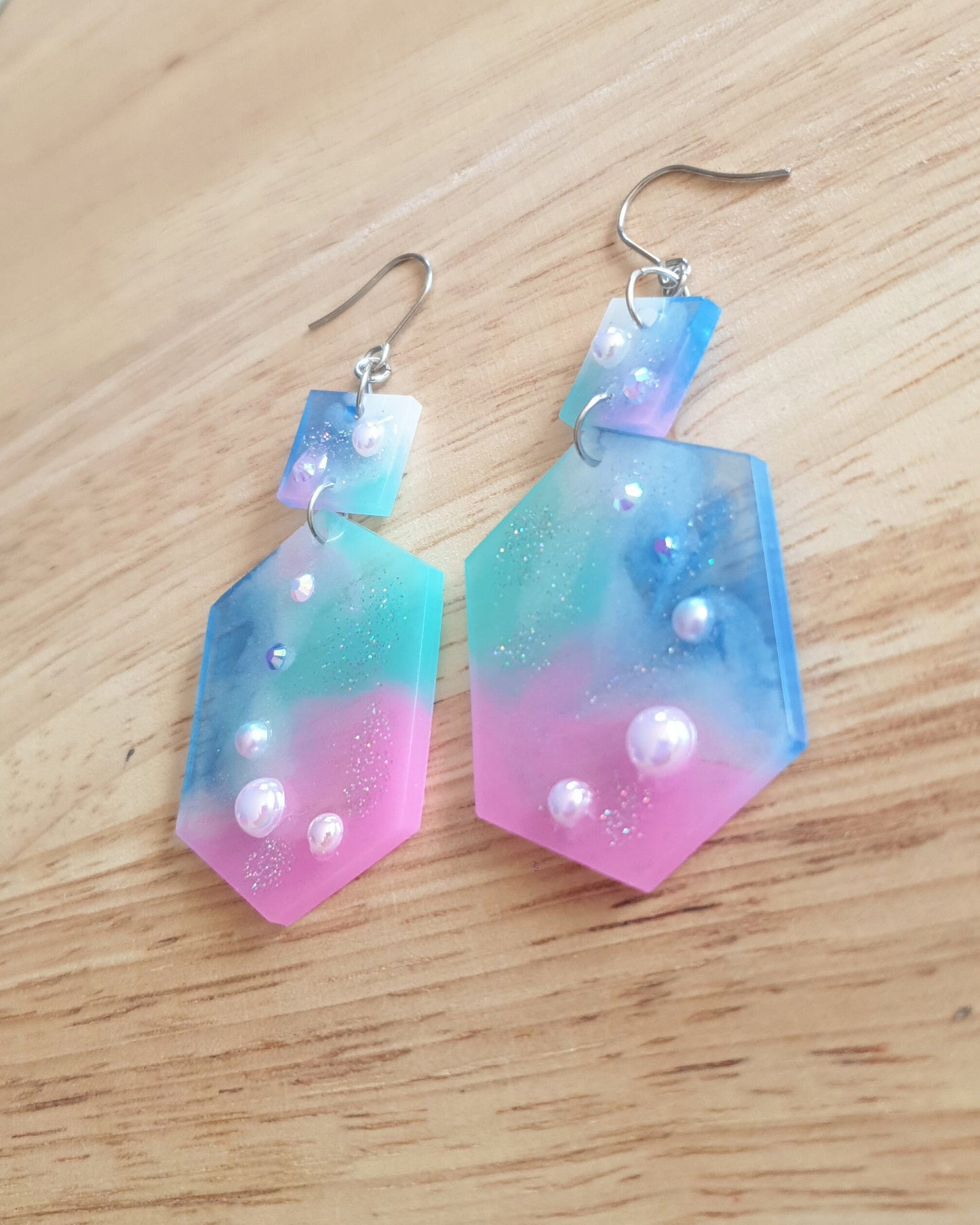 Statement Pearl Earrings, Rhinestones Hexagon Square Dangle Drop Hook Earrings, Blue, Teal, Pink and White Glitter Resin Handmade Studs