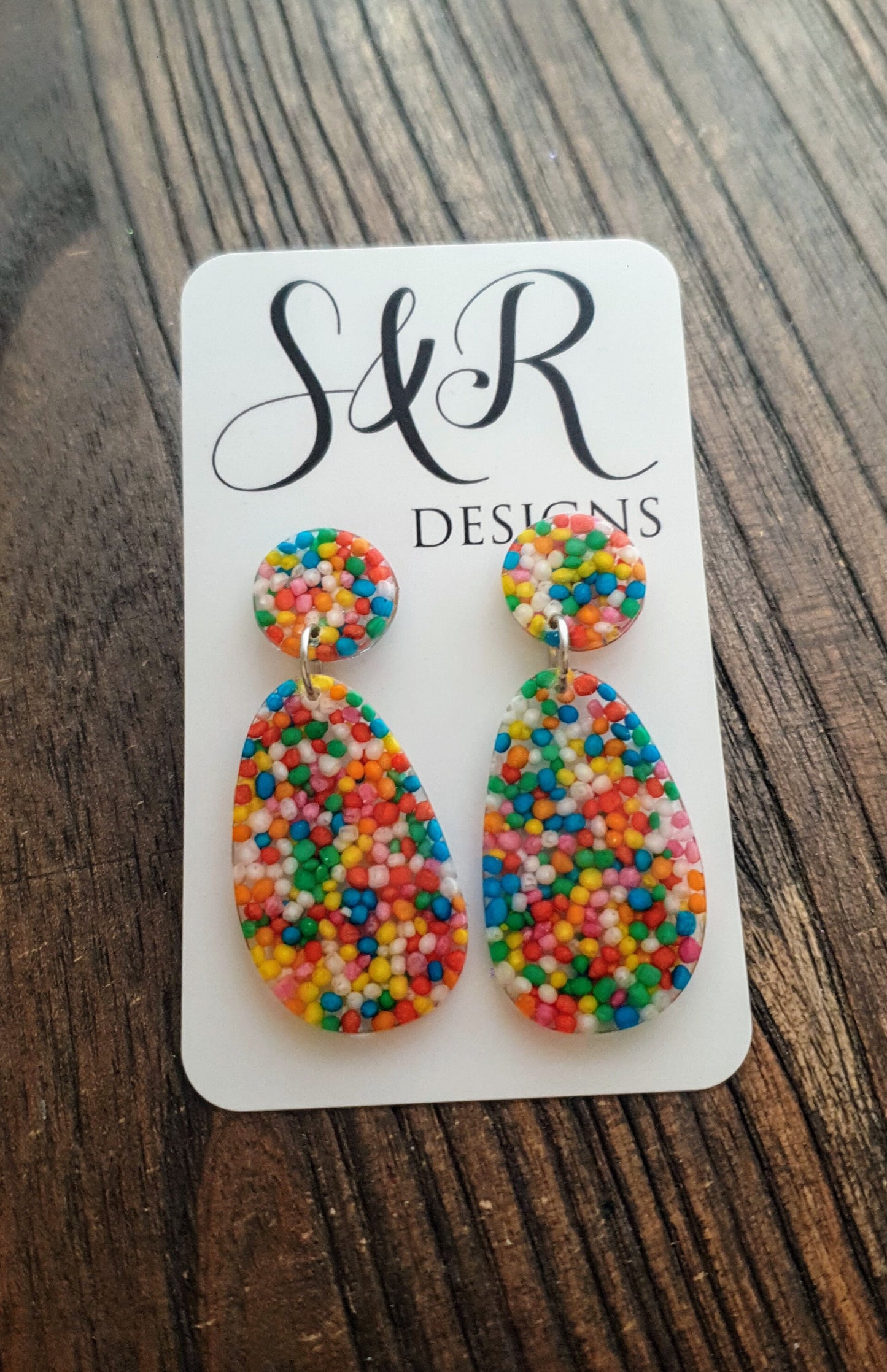 Statement Oval Organic Shape Drop Earrings, 100s and 1000s Multicoloured, Resin Handmade, Stainless Steel. Personalised Gift Custom Colours
