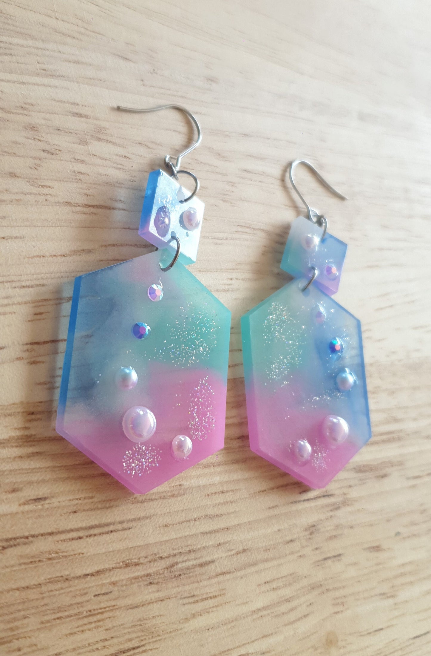 Statement Pearl Earrings, Rhinestones Hexagon Square Dangle Drop Hook Earrings, Blue, Teal, Pink and White Glitter Resin Handmade Studs